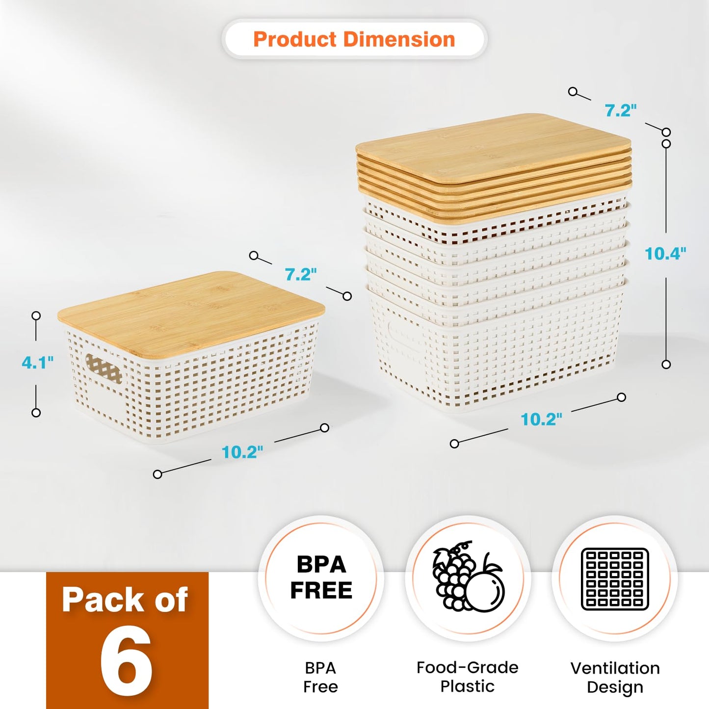 Ohmlove Plastic Storage Baskets With Bamboo Lid - Plastic Storage Containers Stackable Storage bins: Storage Baskets for Organizing Shelves Drawers Desktop Closet Playroom Classroom Office, 6 Pack