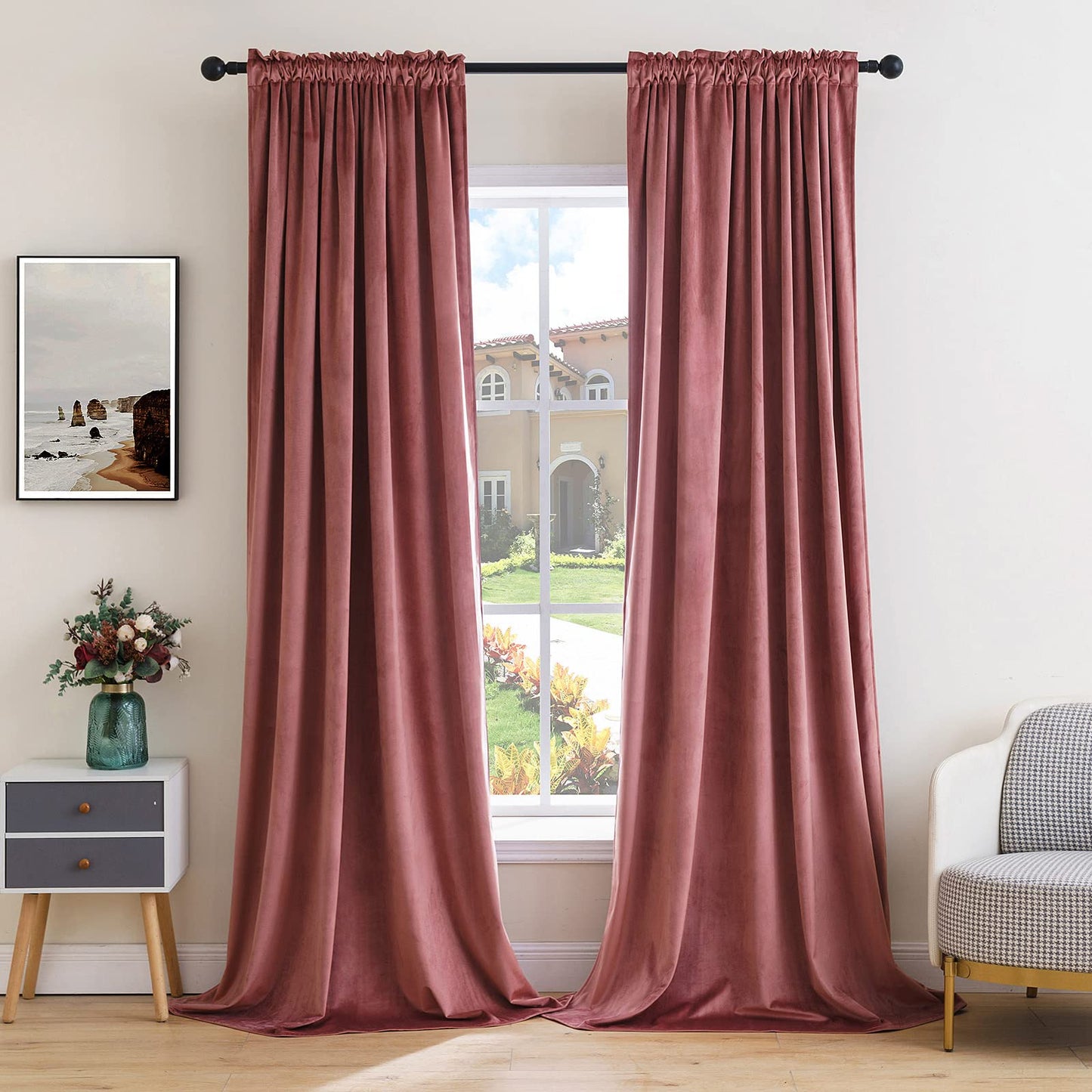 MIULEE Dusty Rose Rod Pocket Velvet Curtains, Soft Luxurious Pink Curtain for Home Decor 2 Panels Set Heavy Room Darkening Curtains for Privacy Bedroom Living Room Window, W52 x L84
