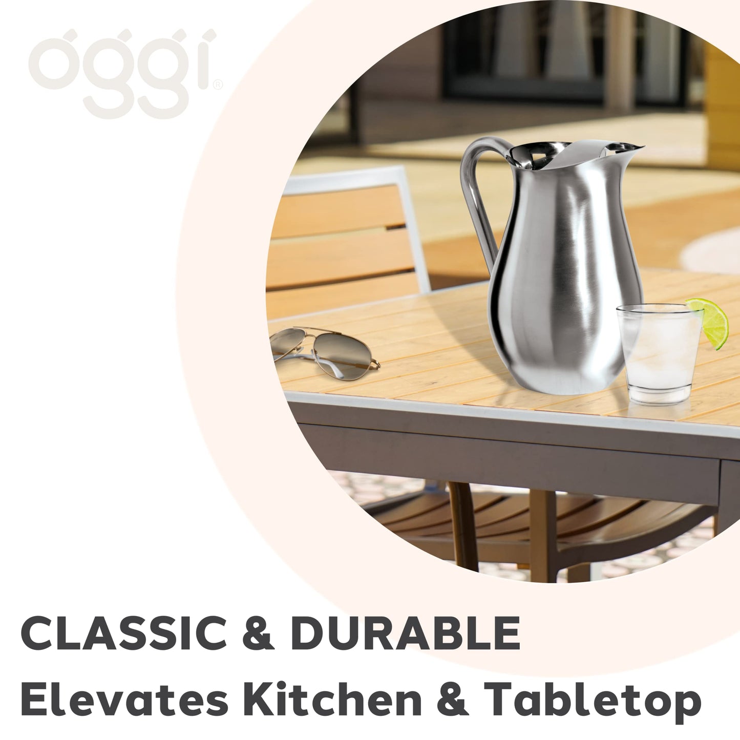 OGGI Stainless Steel Pitcher- Stainless Steel Water w/Ice Guard, Water Carafe, Great Metal Container for Entertaining, Ideal 68oz / 2 Lt Drink Pitcher