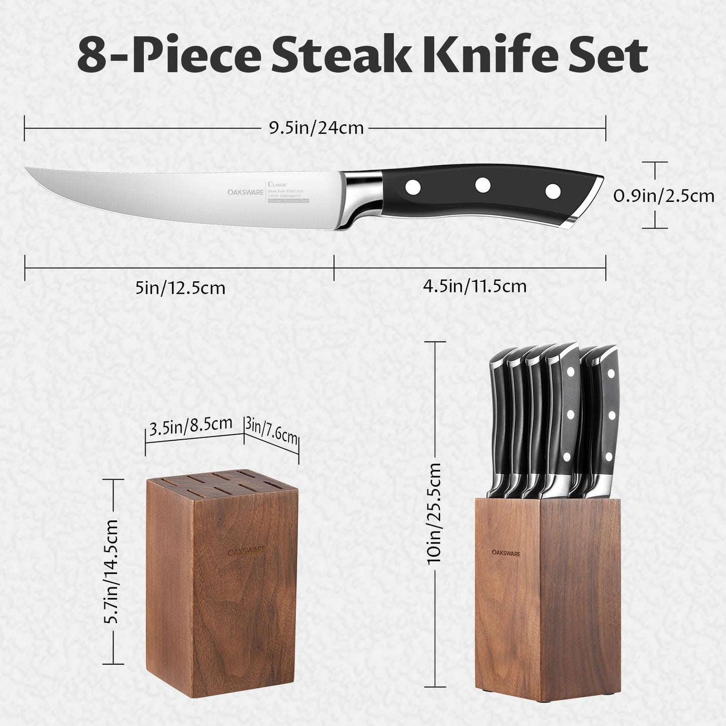Steak Knives Set of 8, 5 Inch Non Serrated Steak Knife with Walnut Block, Razor-Sharp German Stainless Steel Dinner Knives, Durable Full Tang Forged Straight Edge Meat Knife for Home Dining&Gift