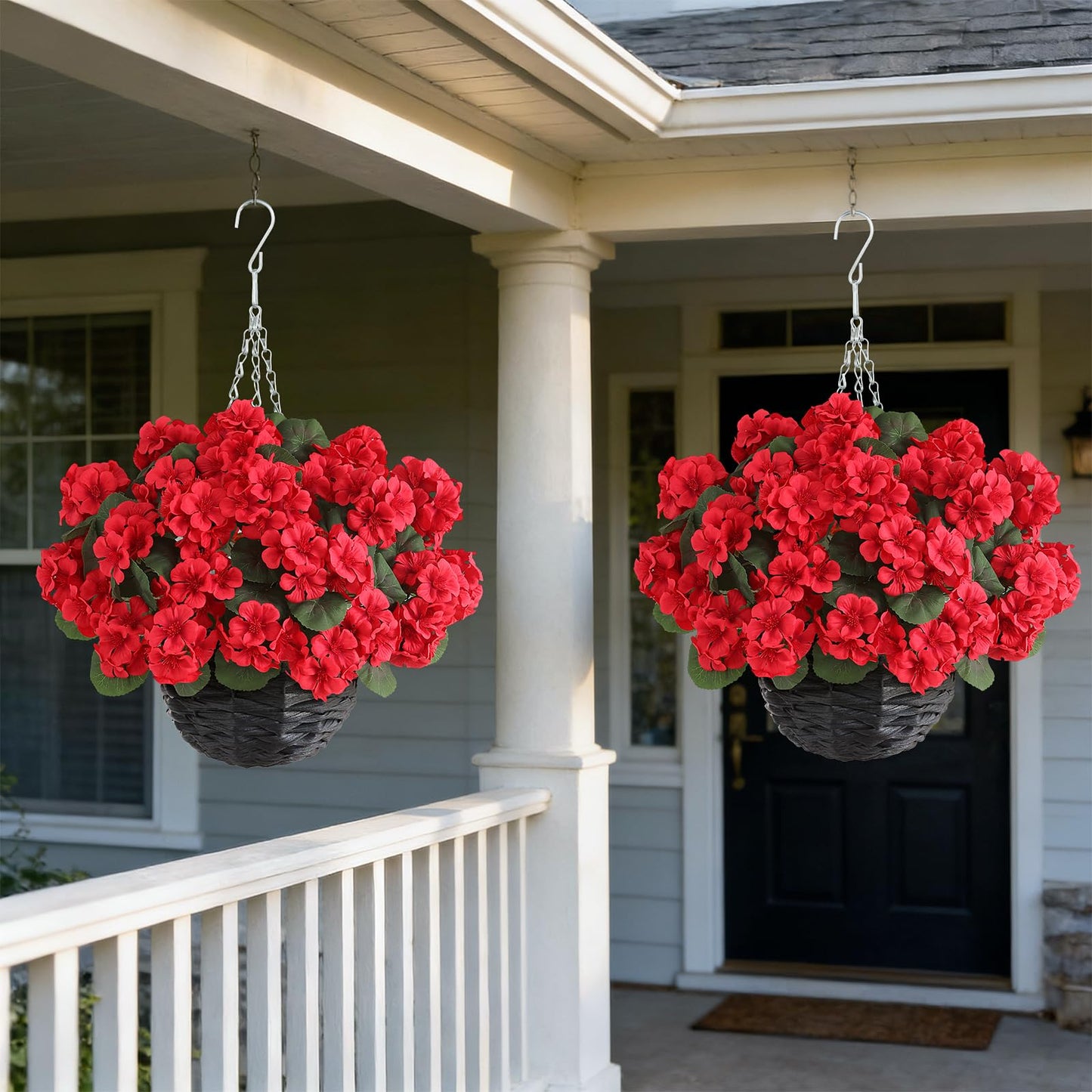 GLIDLION 2 Set Artificial Geraniums Flowers with Hanging Baskets for Outdoors - Sun Resistant Silk with Geranium Flowers, Fake Hanging Planters for Front Porch Garden Patio Home Decor (Red)