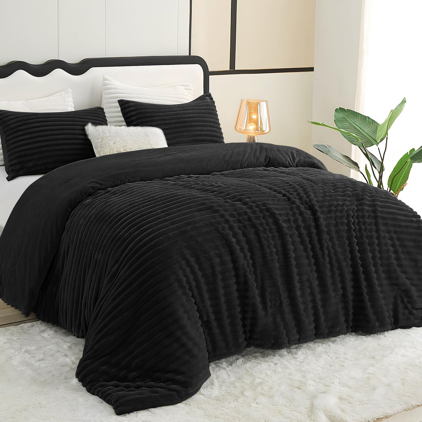 CozyLux Fluffy Queen Comforter Set - Super Soft Faux Fur Black Comforter Queen Size, Winter Warm Fleece Bedding Set, 3 Pieces Plush Fuzzy Bed Set (1 Shaggy Comforter, 2 Pillowcases)