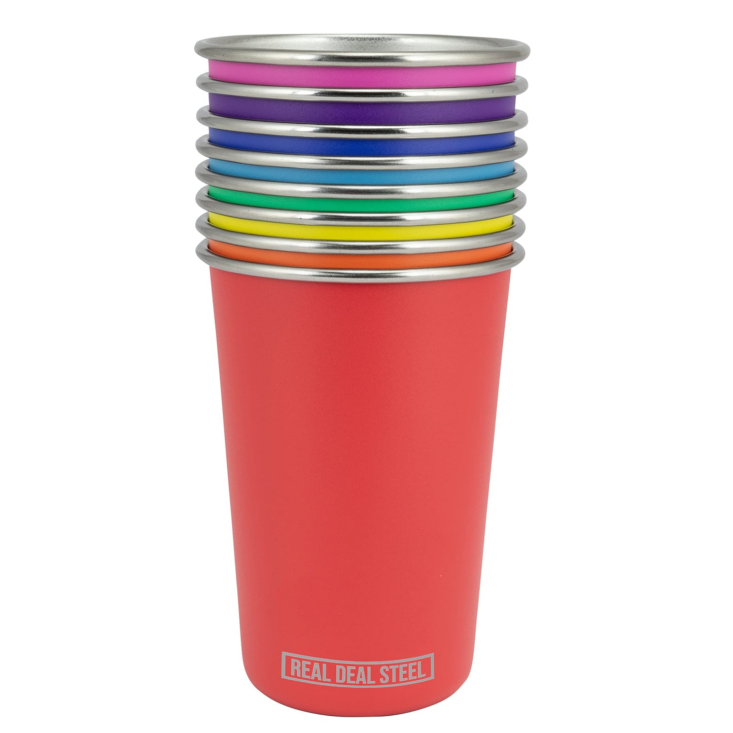 Real Deal Steel Rainbow Cups 16 oz Pint Cups, Stackable Tumblerrs, Eco Friendly Premium Metal Drinking Glasses