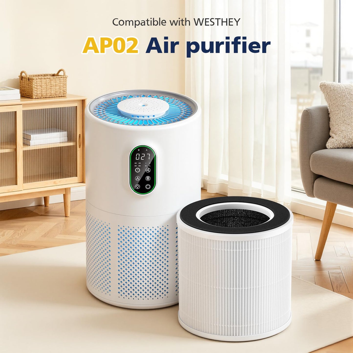 AP02 Replacement Filter Compatible with WESTHEY AP02 Air Purifier, 3-in-1 HEPA Filter Replacement with High-Efficiency Activated Carbon for Dust, Pollen, Smoke & Pet Odors, 2 Pack