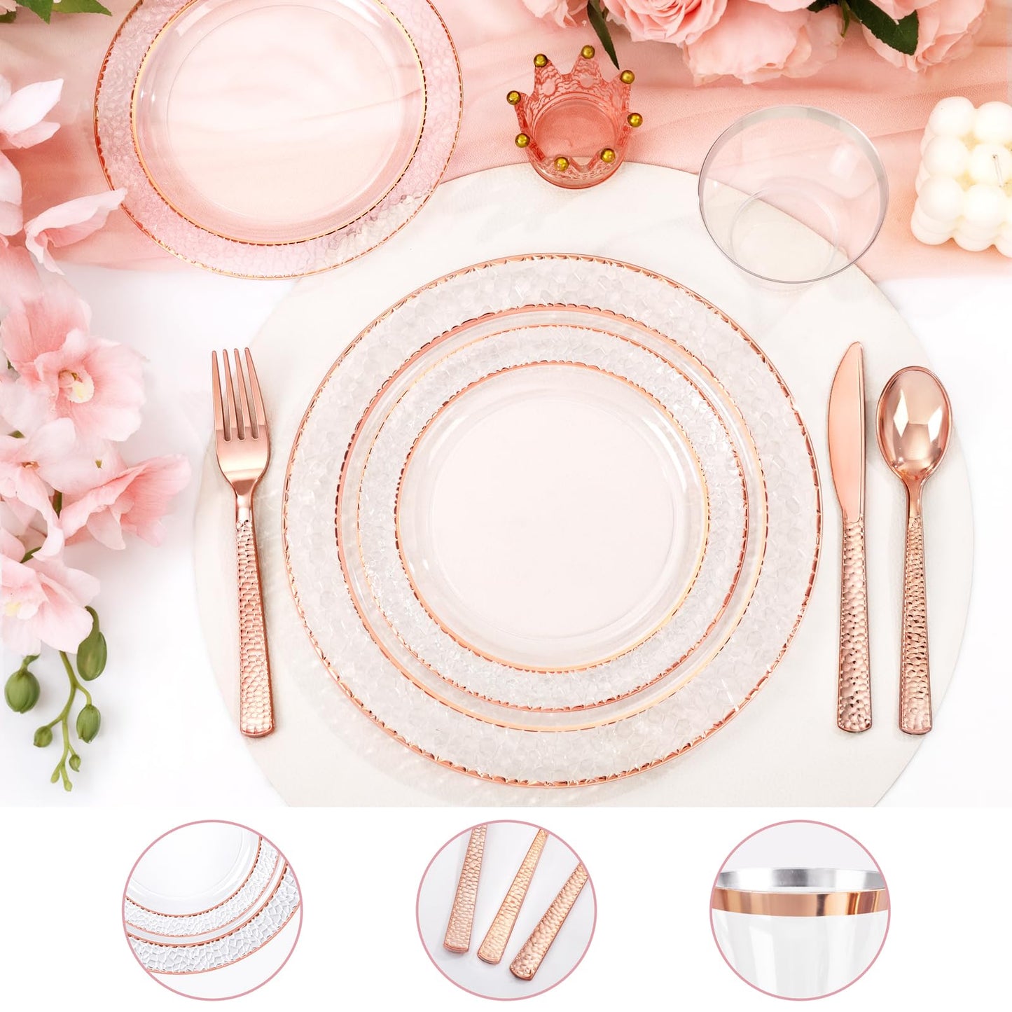 Ciaell 150PCS Rose Gold Plastic Plates – Disposable Plates with Rose Gold Plastic Silverware include 50Plates, 25Forks, 25Knives, 25Spoons, 25Cups for Wedding & Party