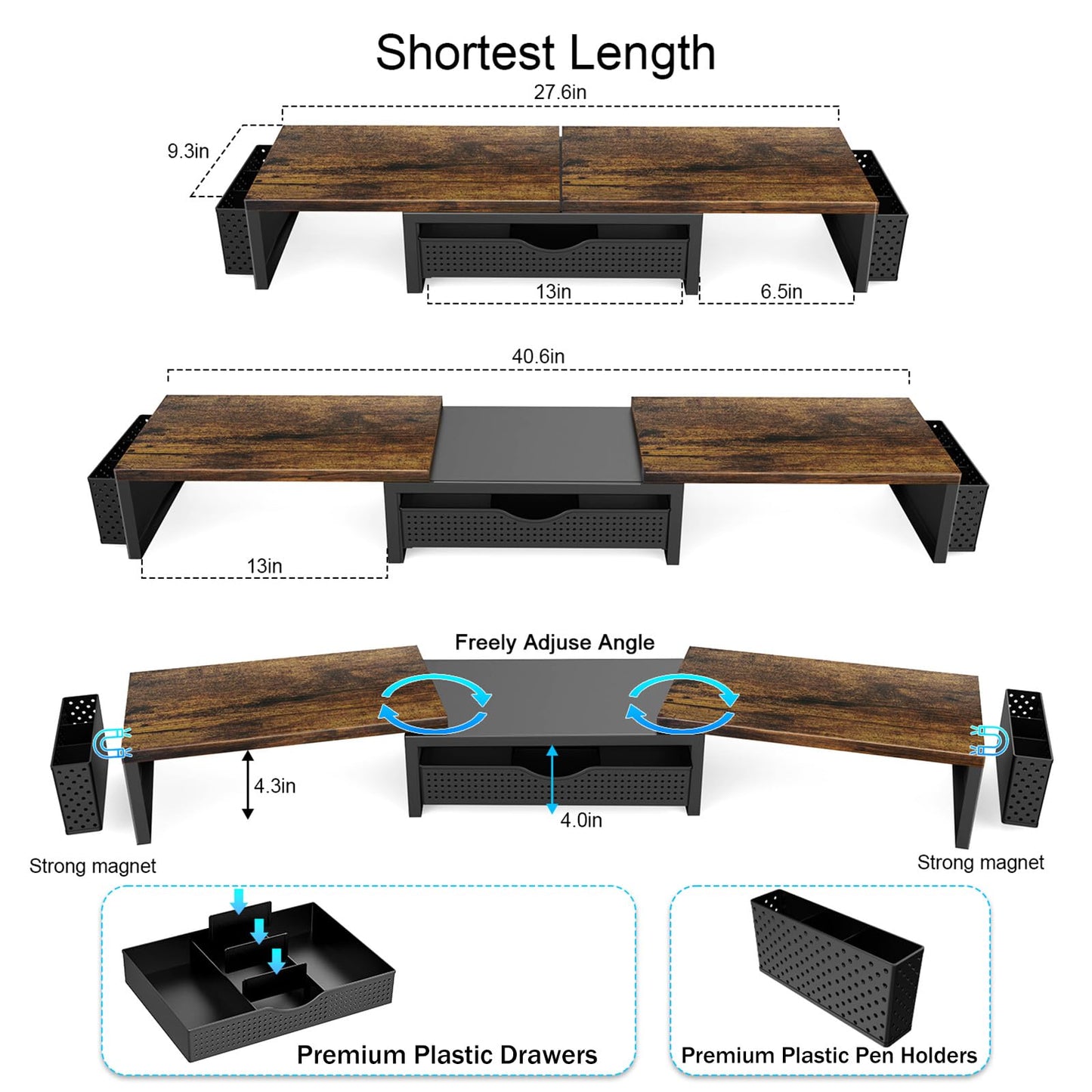 gianotter Dual Monitor Stand Riser, Desk Organizer With Drawer and 2 Pen Holders,Computer Monitor Stand, Desk Shelf for Top of Desk, Wood