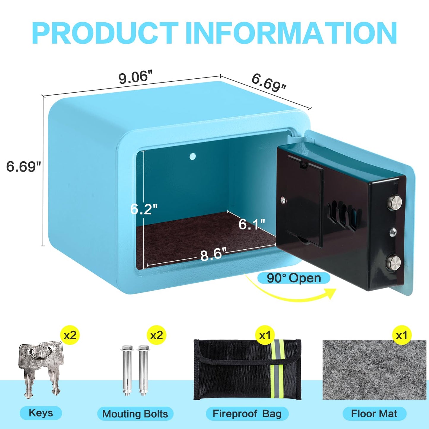 0.23 Cubic Feet Safe Box, Small Safe W/Fireproof Bag, Keys & Pass Code, Digital Electronic Security Money Box for Cash, Document, Home, Office, Hotel Use, Blue, 6.69"D x 9.06"W x 6.69"H