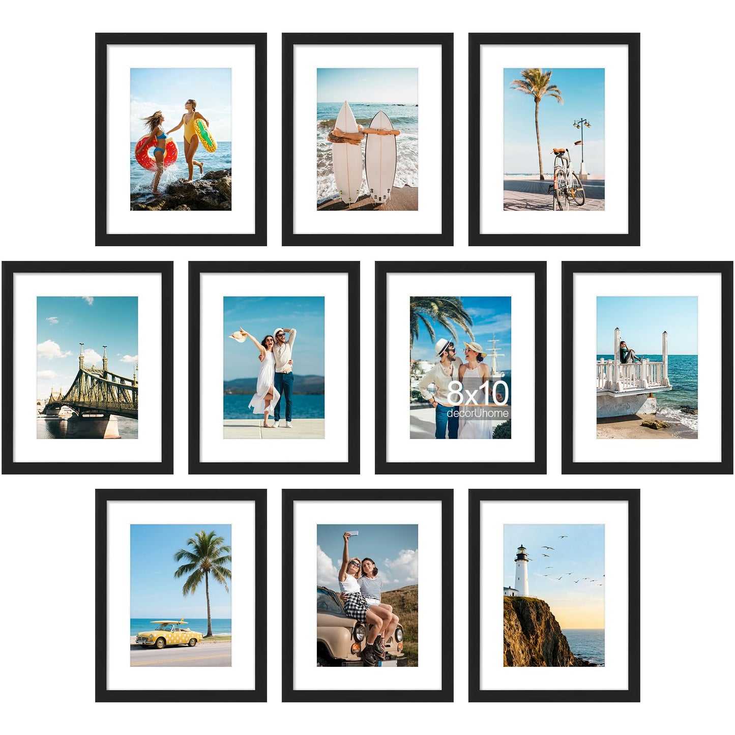 decorUhome 8x10 Picture Frame Set of 10, Display Photos 5x7 with Mat or 8x10 Unmatted for Picture Frames Collage Wall Decor, Black