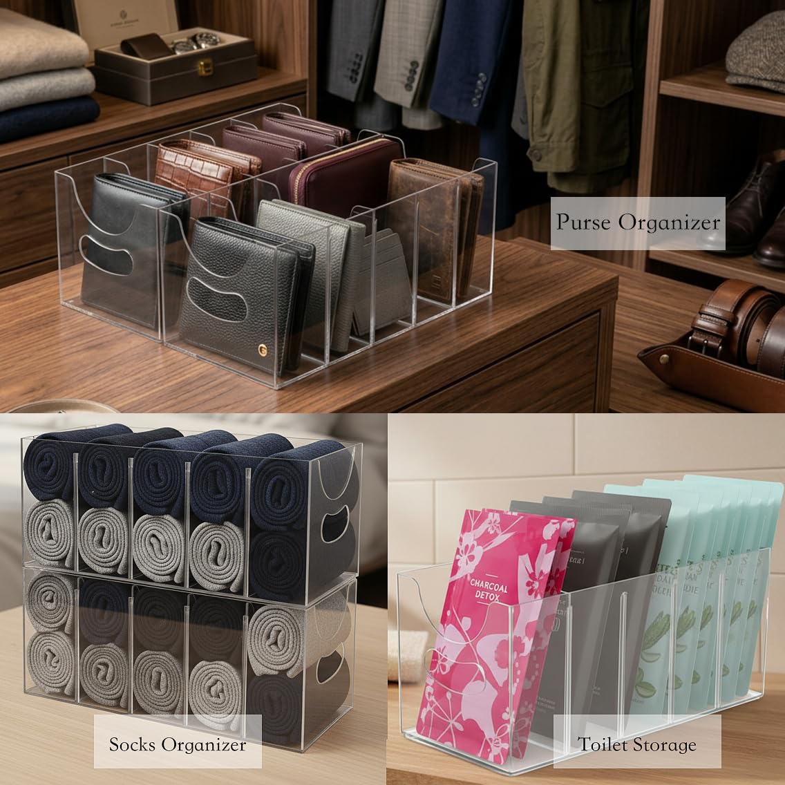 Hualinsyi Belt Organizer,Acrylic Belt Organizer for Closet with Removable Dividers 5 Compartments & Handles Drawer organization and storage for Purse,underwear, Socks,and Ties (2pack)