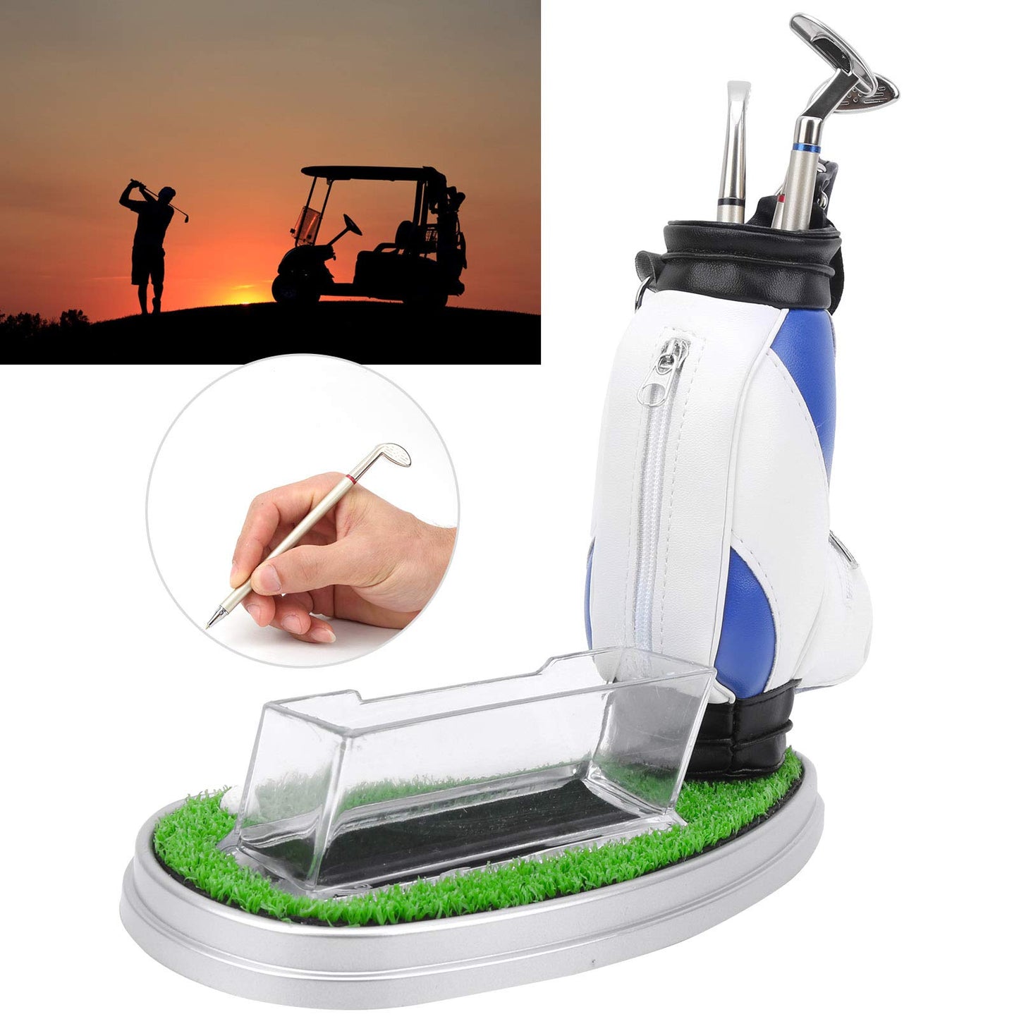 Alomejor Office Desk Golf Bag Pencil Holder with Golf Pens Business Card Box Base for Golf Souvenirs Gifts