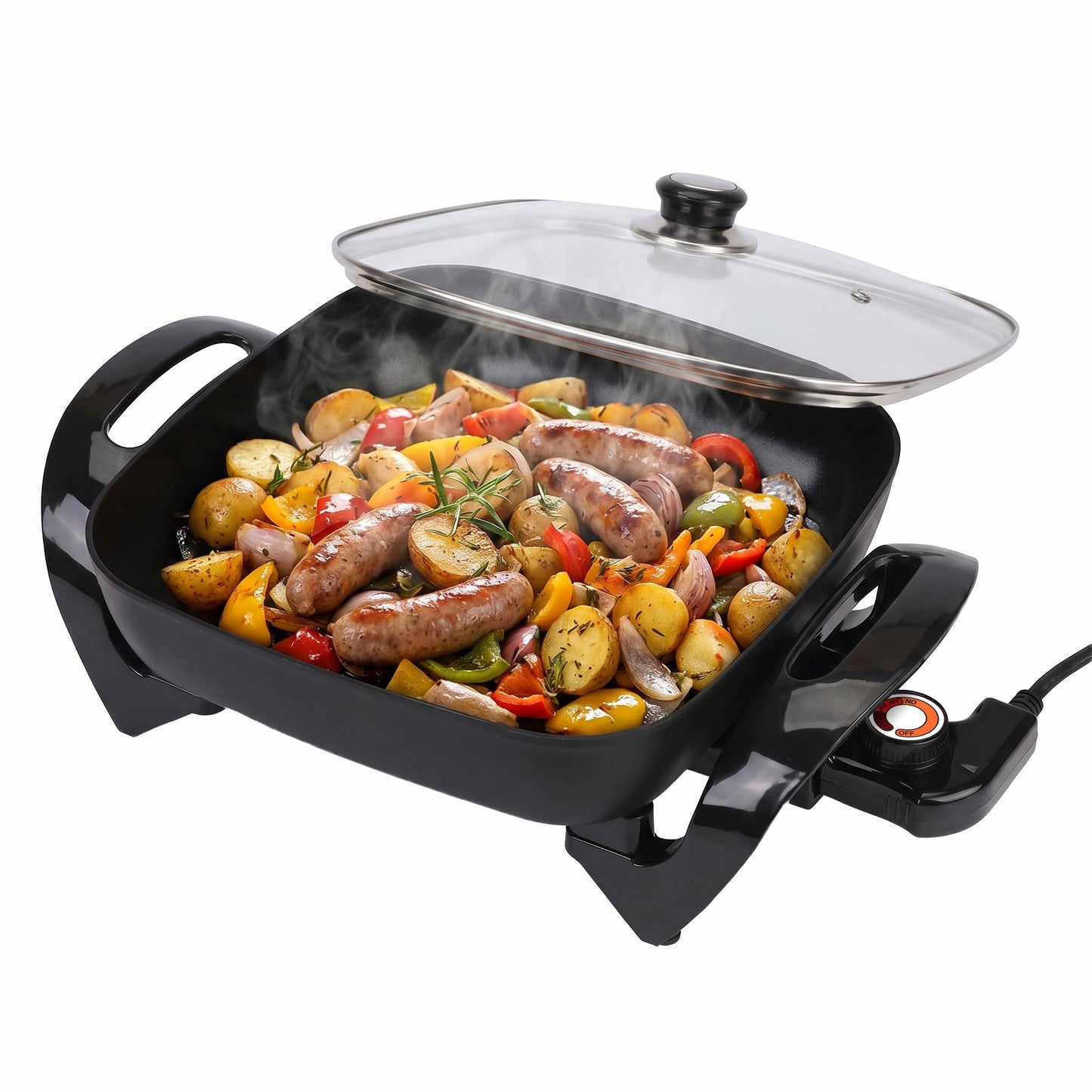 I-Keukenn 12" Ceramic Nonstick Electric Skillet with Tempered Vented Glass Lid, Scratch-Resistant Surface, Cool-Touch Handles, Removable Easy-to-Clean Design, 1200W, Sleek Black