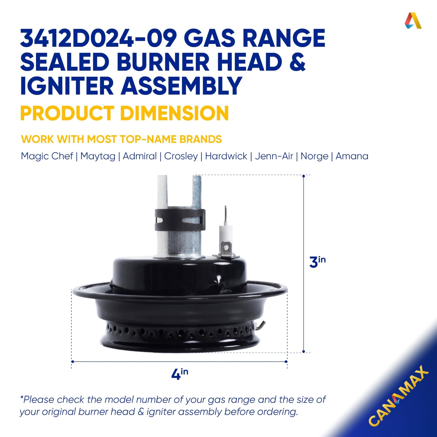 3412D024-09 Gas Range Sealed Burner Head & Igniter Assembly Ultra Durable Replacement by Canamax – Compatible with Magic Chef & Maytag Ranges - Replaces 12500050 3412D018-09 - Pack of 4