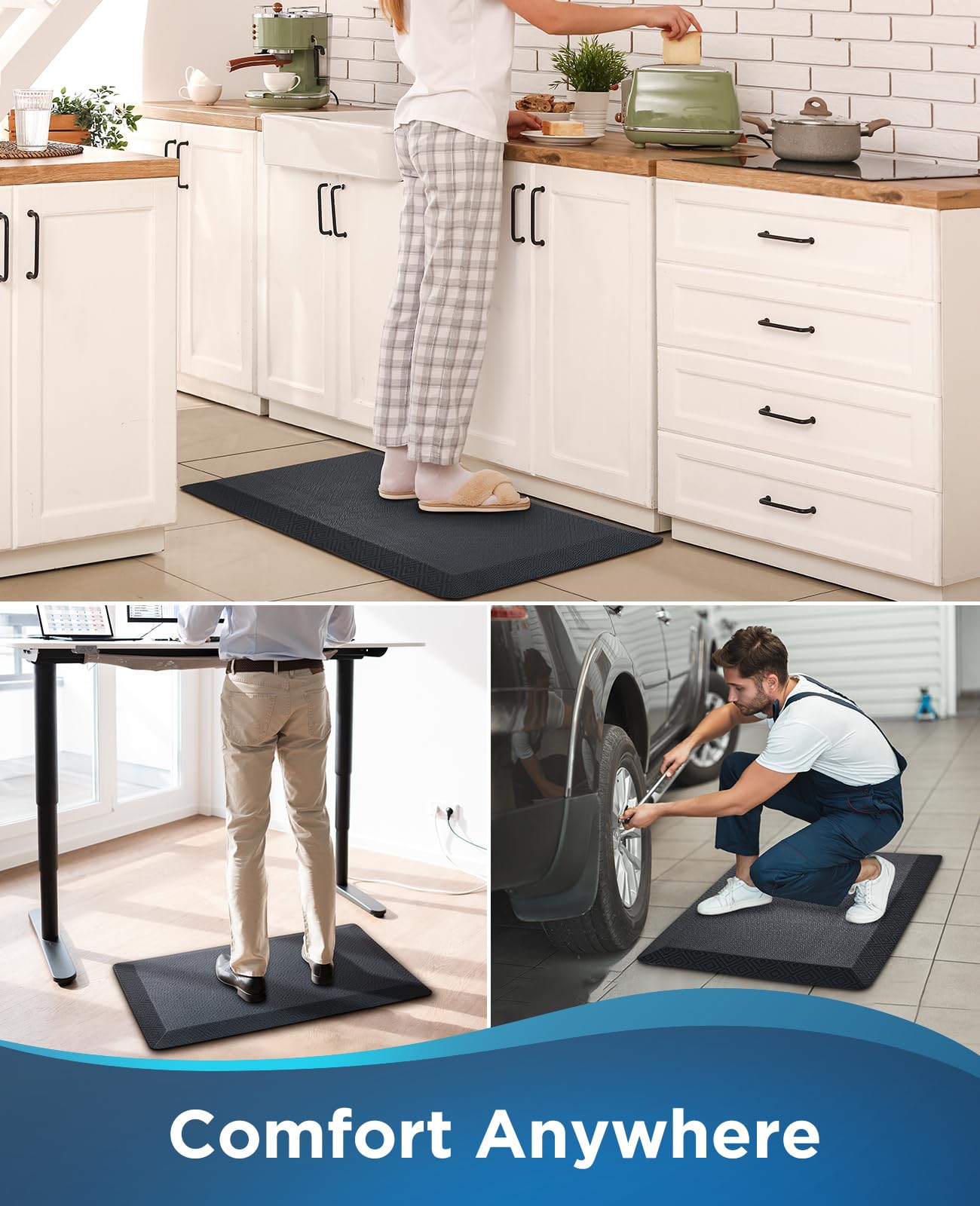 Ophanie Kitchen Mats for Floor, 3/4 inch Thick, 17x28 Anti Fatigue Cushioned Mat, Kitchen Rugs, Waterproof, Comfort Ergonomic Standing Mat for Office, Home, Sink, Black Non-Slip Ridged Bottom