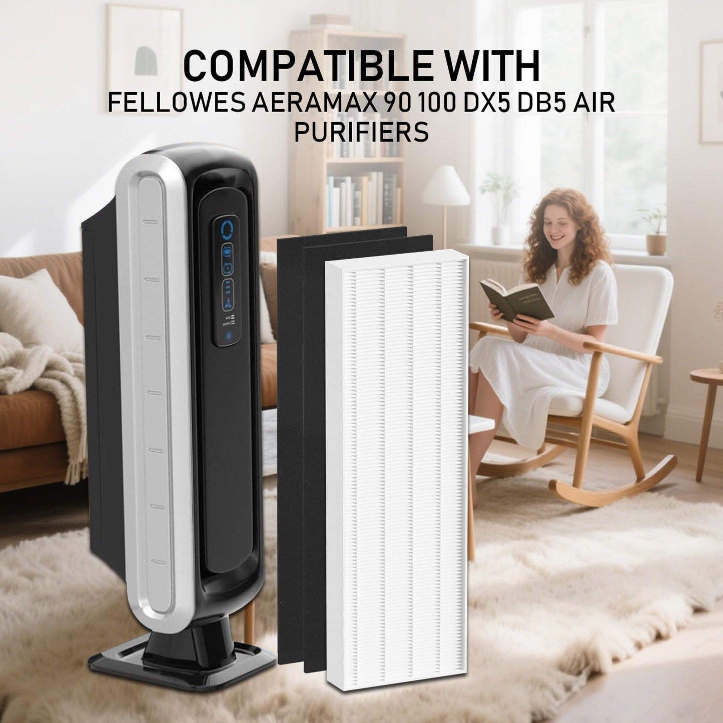 HEPA Filter Replacement Compatible with Fellowes AeraMax 100 90 DX5 DB5 Air Cleaner Purifier, Compared to Part 40101701 9287001 9324001, 3 x True HEPA Filter + 6 x Carbon Pre Filter