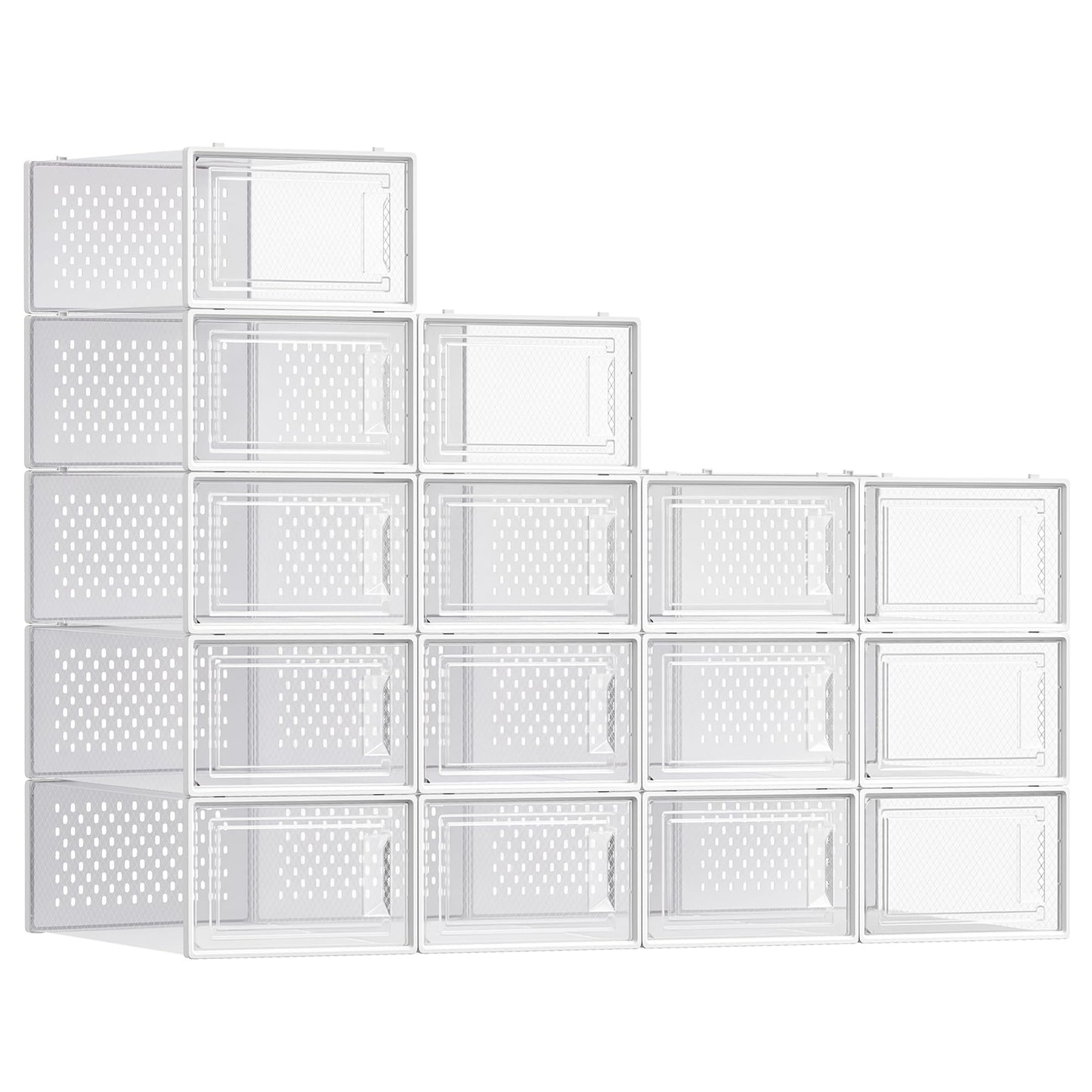 SONGMICS Shoe Boxes, Pack of 15 Shoe Storage Organizers, Stackable Clear Plastic Boxes for Closet, Sneakers, 13.1 x 9.1 x 5.6 Inches, Transparent and White ULSP015W02