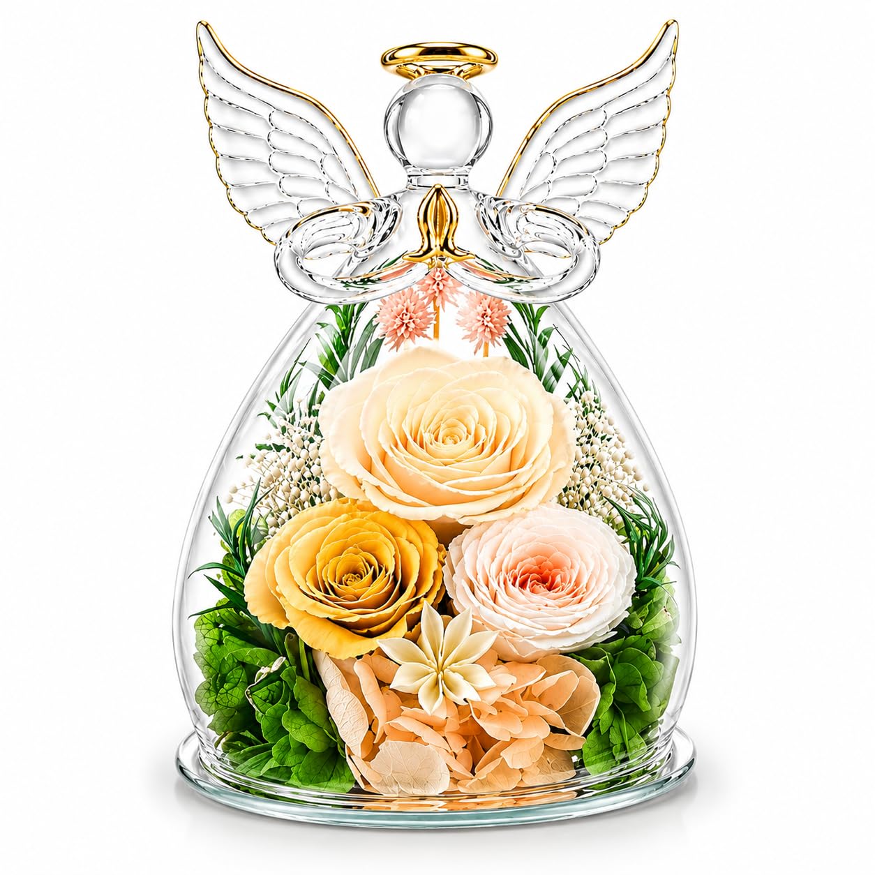 Preserved Rose in Glass Angel Figurine, Mothers Day Gifts for Mom/Wife/Grandma, Forever Flowers Rose Anniversary, Graduation or Birthday Gifts for Women Her