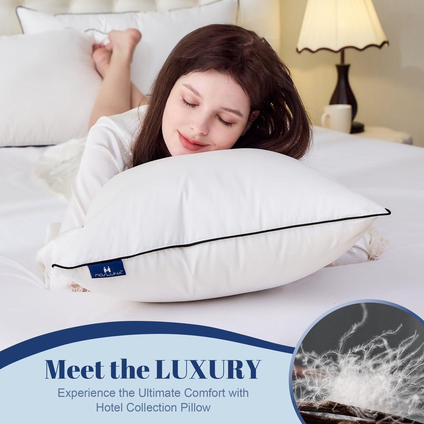 Mosluna Feather Down Pillows Queen Size Set of 2, Luxury Hotel Collection Bed Pillow 2 Pack, Airyfil™ Powered Fillings & Feathers Pillow，Fluffy Plush for Side Sleepers, Medium Firm, 20x30 in.