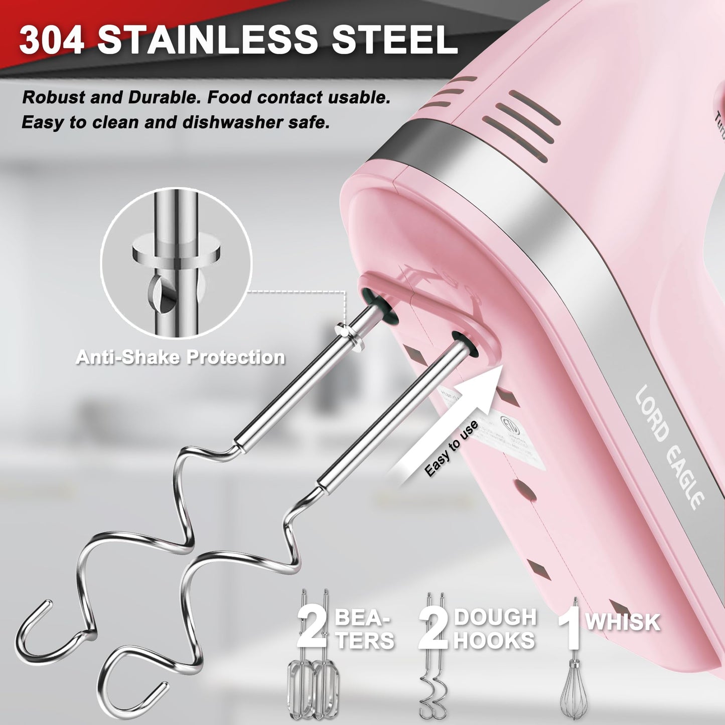Lord Eagle Hand Mixer Electric Handheld 400W, 5-Speed Lightweight Kitchen Mixer with Storage Case, 5 Stainless Steel Attachments for Baking Cake Egg Cream Food Beater, Turbo+Eject Button, Pink