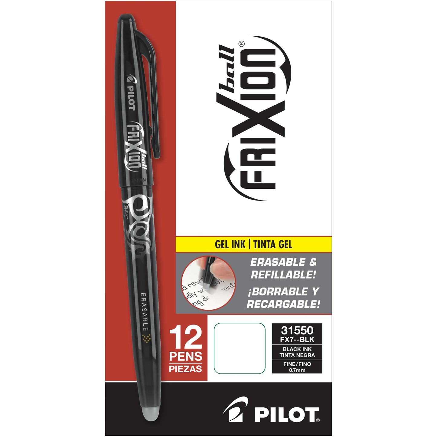 PILOT FriXion Ball Erasable & Refillable Gel Ink Stick Pens, Fine Point, Black Ink, 12-Pack (31550)