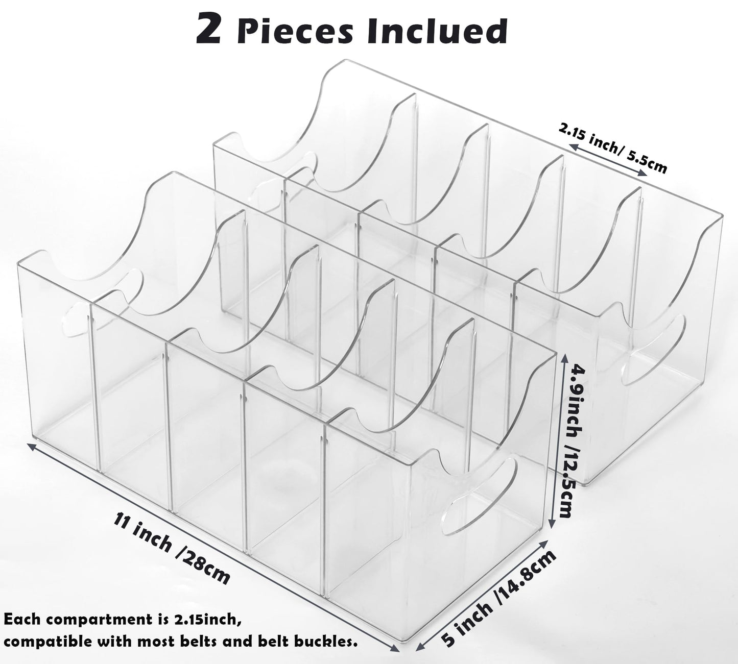 Rusnugic Belt Organizer - 2 Pack Clear Stackable Belt holder For Closet Drawer Storage - 5 Compartments with Removable Dividers, Multi-Purpose Display Bins With Inserts For Ties,Socks,underwear (2)