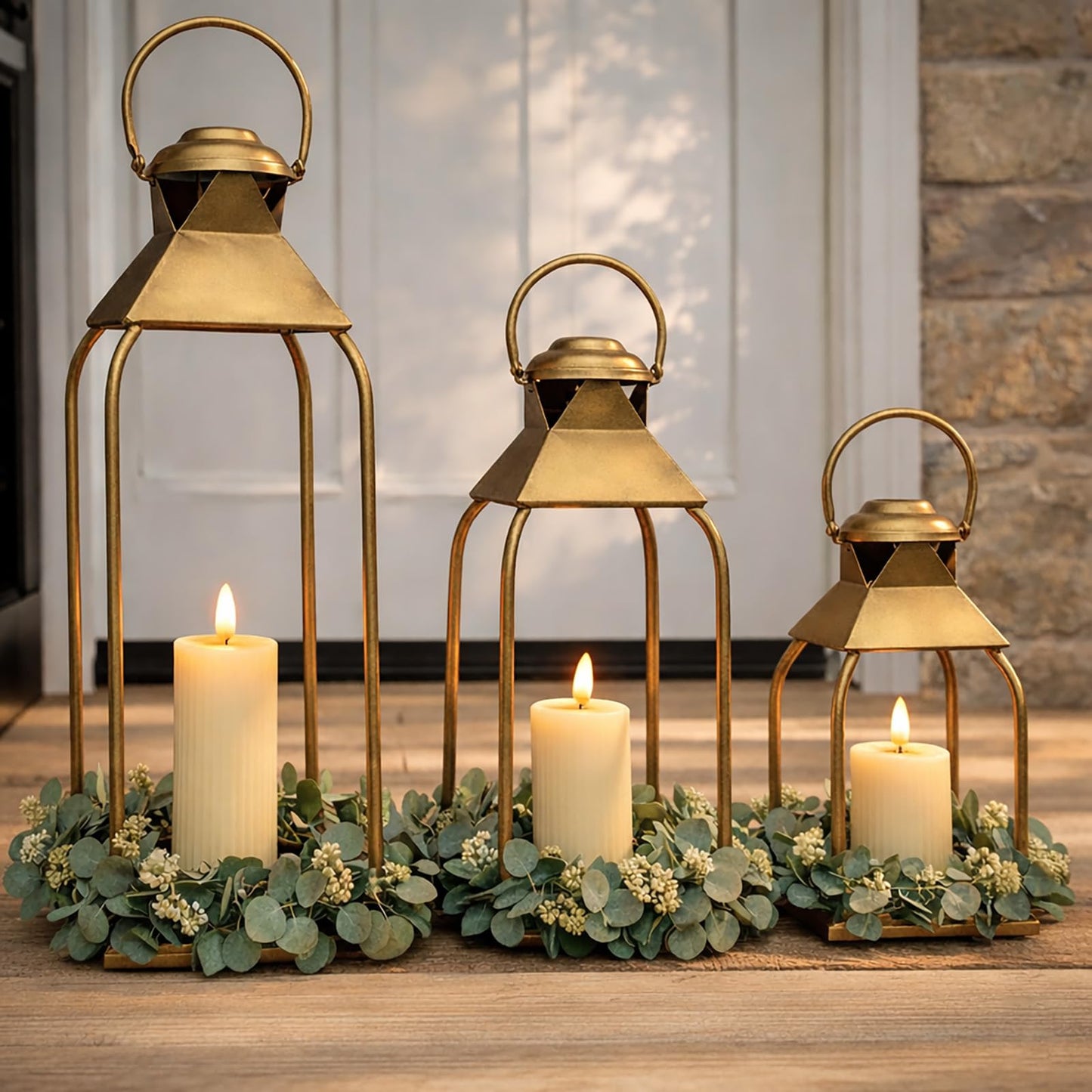 Decorative Metal Lanterns Indoor Outdoor, Candle Holder for Porch, Patio, Fireplace, Floor, Wedding, Christmas, Fall, Holiday, Farmhouse Table Centerpiece (Antique Gold, Set of 3 20" 15.7" 12")