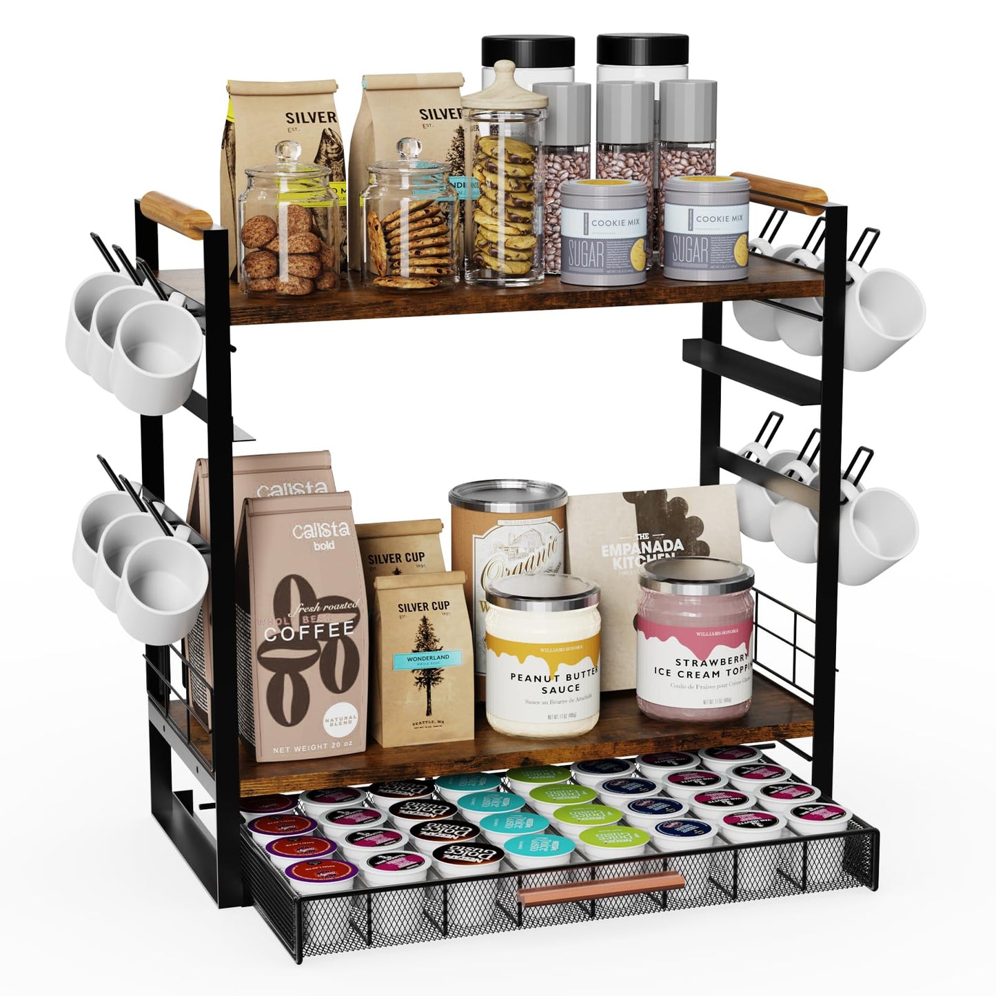 Coffee Bar Station Organizer for Countertop - 32 Pod for K Cup Holder with Drawer and 12 Mug Holder, 3 Tier Coffee Bar Accessories (Black, 3-Tier with 1 drawer)
