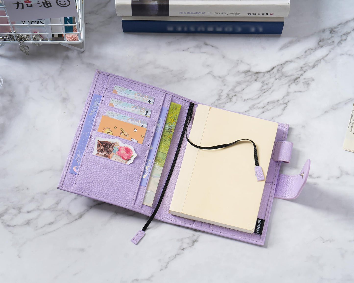 Moterm Leather Cover for A6 Notebooks - Fits Hobonichi Original, Stalogy and Midori MD Planners, with Pen Loop, Card Slots and Back Pocket (Pebbled-Lavender, A6+)