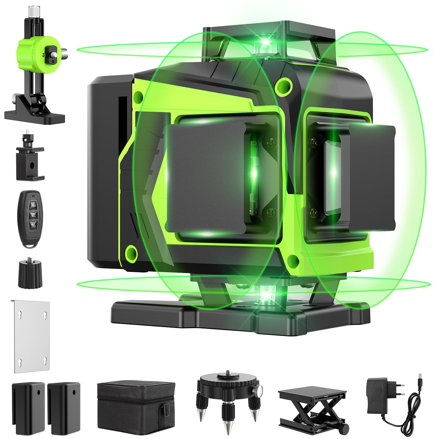 16 Line Laser Level 360 Self Leveling, 4x360°Professional 4D Green Cross Line laser Level with 2 Batteries, Adjustable Brightness & Remote Control, for Tiling Floor Construction and Picture Hanging