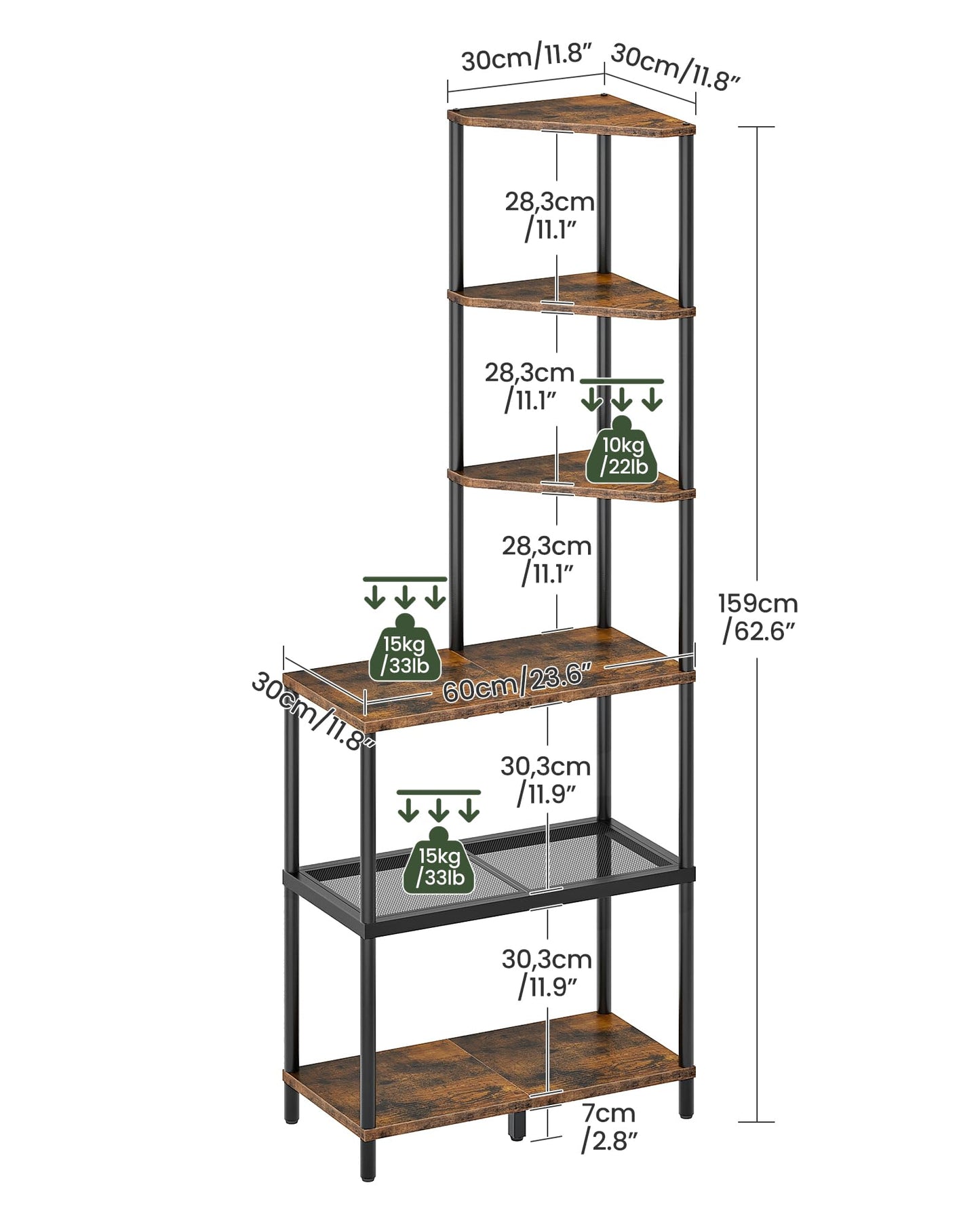 CHOEZON 6-Tier Corner Shelf, Industrial Corner Bookshelf with Desk Top, Diamond-Shaped Storage Shelves, Display Stand for Small Spaces, Living Room, Home Office, Foyer, Rustic Brown and Black TCJ70BF