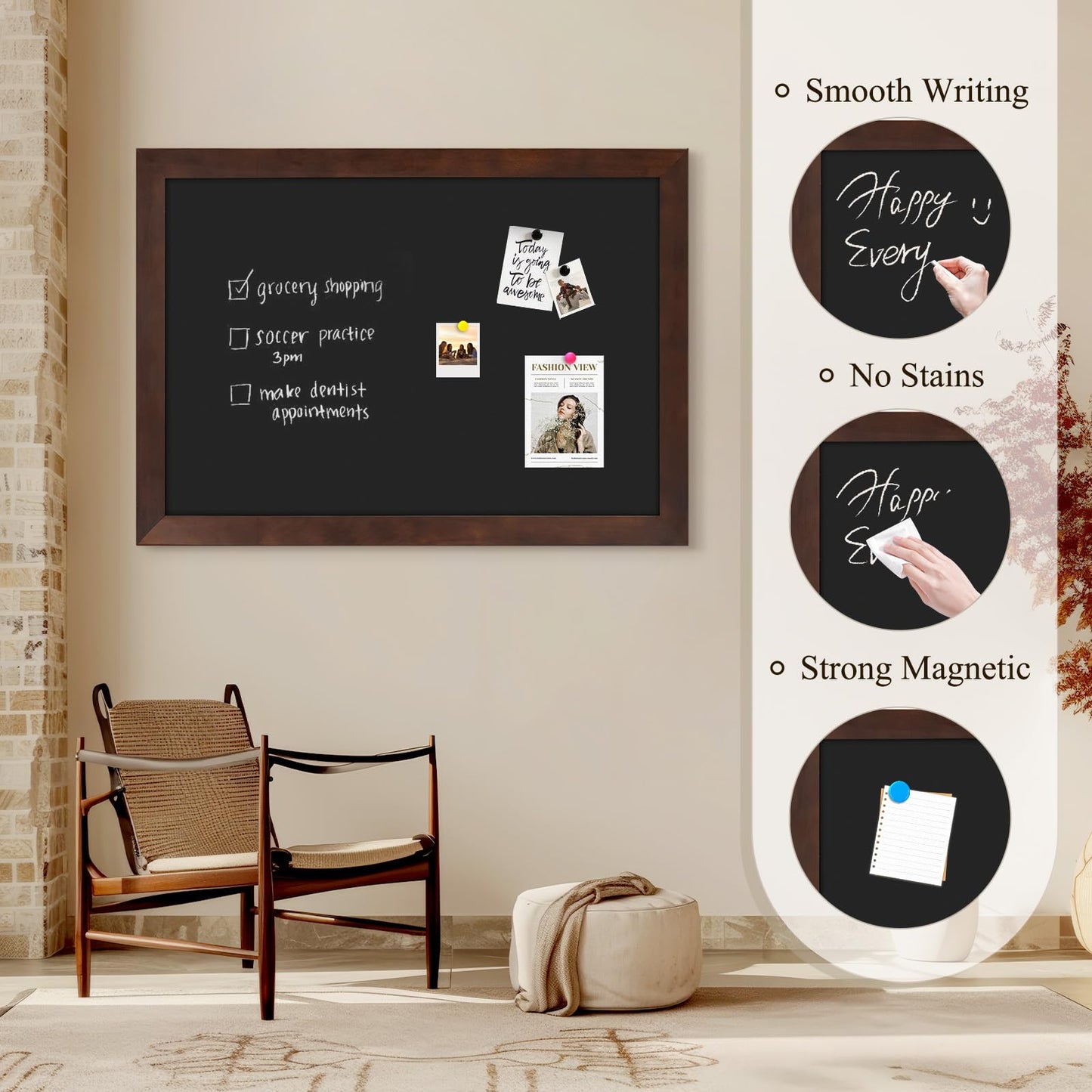 4 THOUGHT Solid Pine Wood Framed Magnetic Chalkboard for Wall, 24"x18" Heavy Duty Rustic Blackboard Sign for Kitchen, Office, Home & Cafe - Indoor/Outdoor Use, Brown
