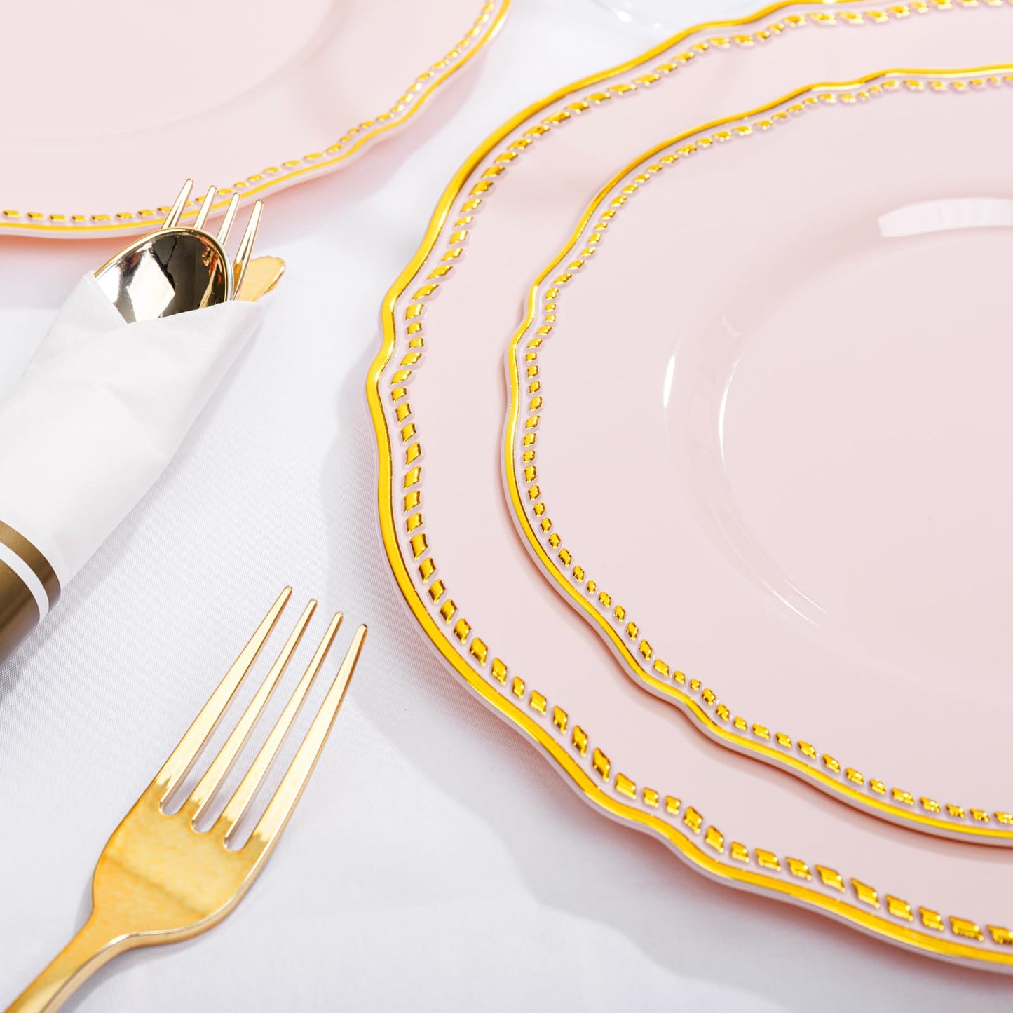 Hioasis 175pcs Pink and Gold Plastic Plates - Pink Plastic Dinnerware Set Includes 25 Dinner Plates, 25 Dessert Dinnerware, 25 Cups, 25 Napkins Perfect for Wedding & Easter