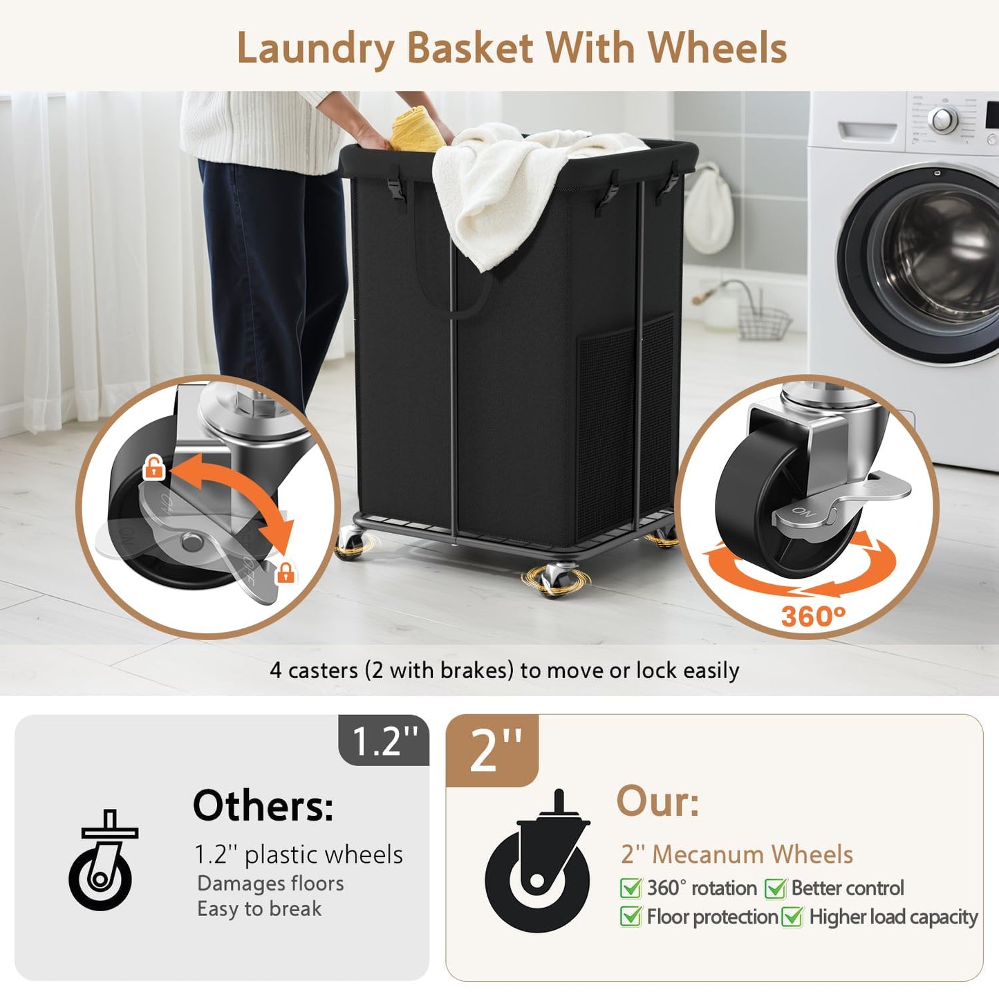150L Large Laundry Basket with Wheels, Rolling Laundry Hamper with Removable Laundry Bag & Metal Frame, Oxford Fabric Dirty Clothes Hampers for Bedroom, Laundry Room, Bathroom, Dorm(Black)