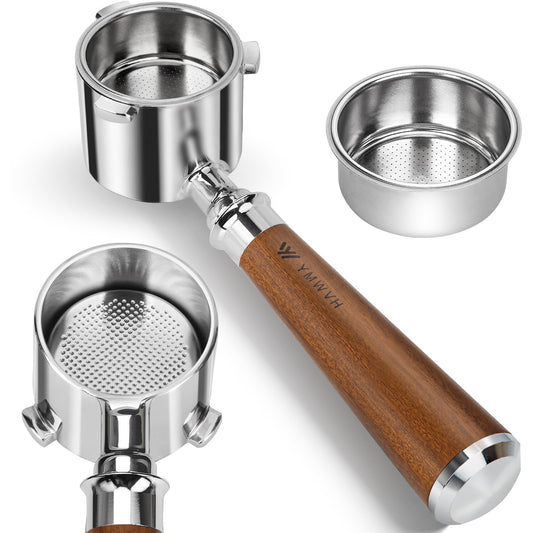 51mm Bottomless Portafilter 3 Ears Compatible with De-longhi La Specialista Coffee Espresso Machine EC9335 9155 9355 9665,100% Stainless Steel Filter Basket and Rosewood Handle