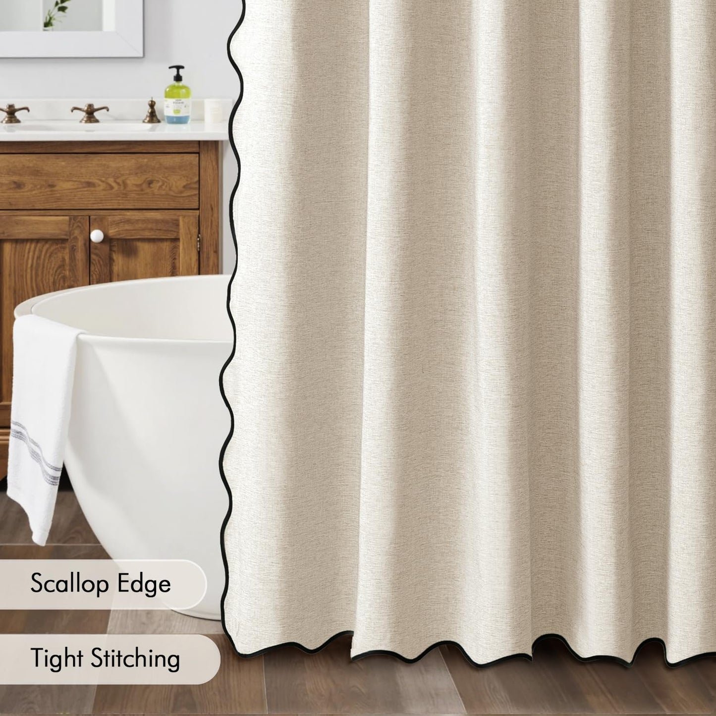 MIULEE 84" Long Scalloped Shower Curtain Linen Textured with 12 Metal Hooks Cute Extra Long Heavy Duty Washable Waterproof Cloth Shower Curtains with Black Border for Bathroom Bathtub,Cream Beige