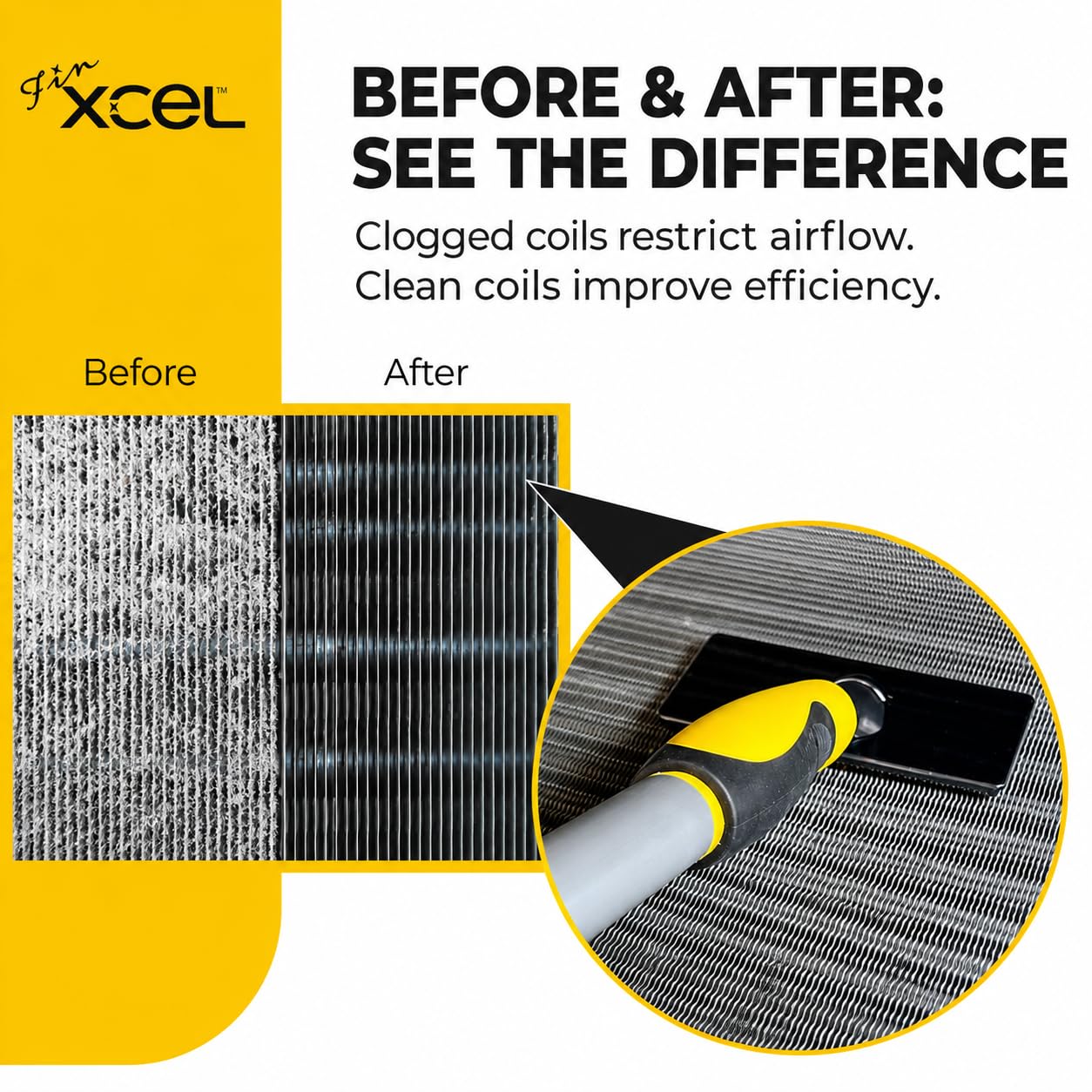 Finxcel Coil Cleaning Brush for HVAC & AC – Evaporator & Condenser Coil Cleaner Tool, 135° Stainless Steel Pins, Heavy-Duty for Tight Spaces, Safe for Delicate Fins, ACME Pole Compatible