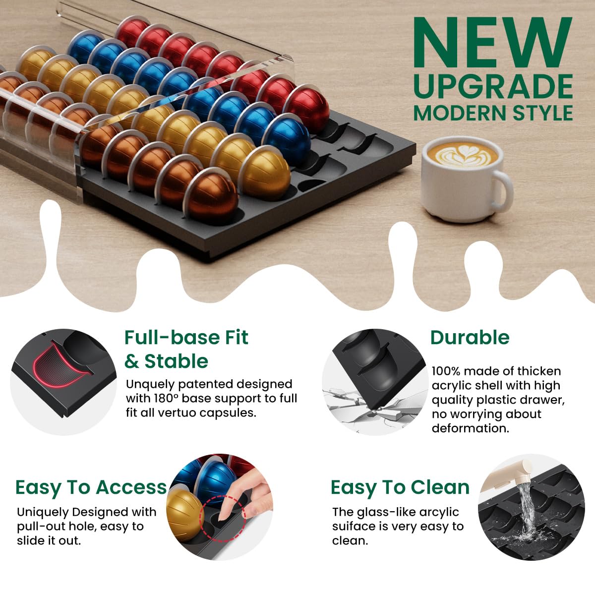 Storage Drawer for Nespresso Vertuo, Coffee Pod Holder for Counter Acrylic Top & Plastic Drawer Coffee Capsule Organizer - 40 Pods