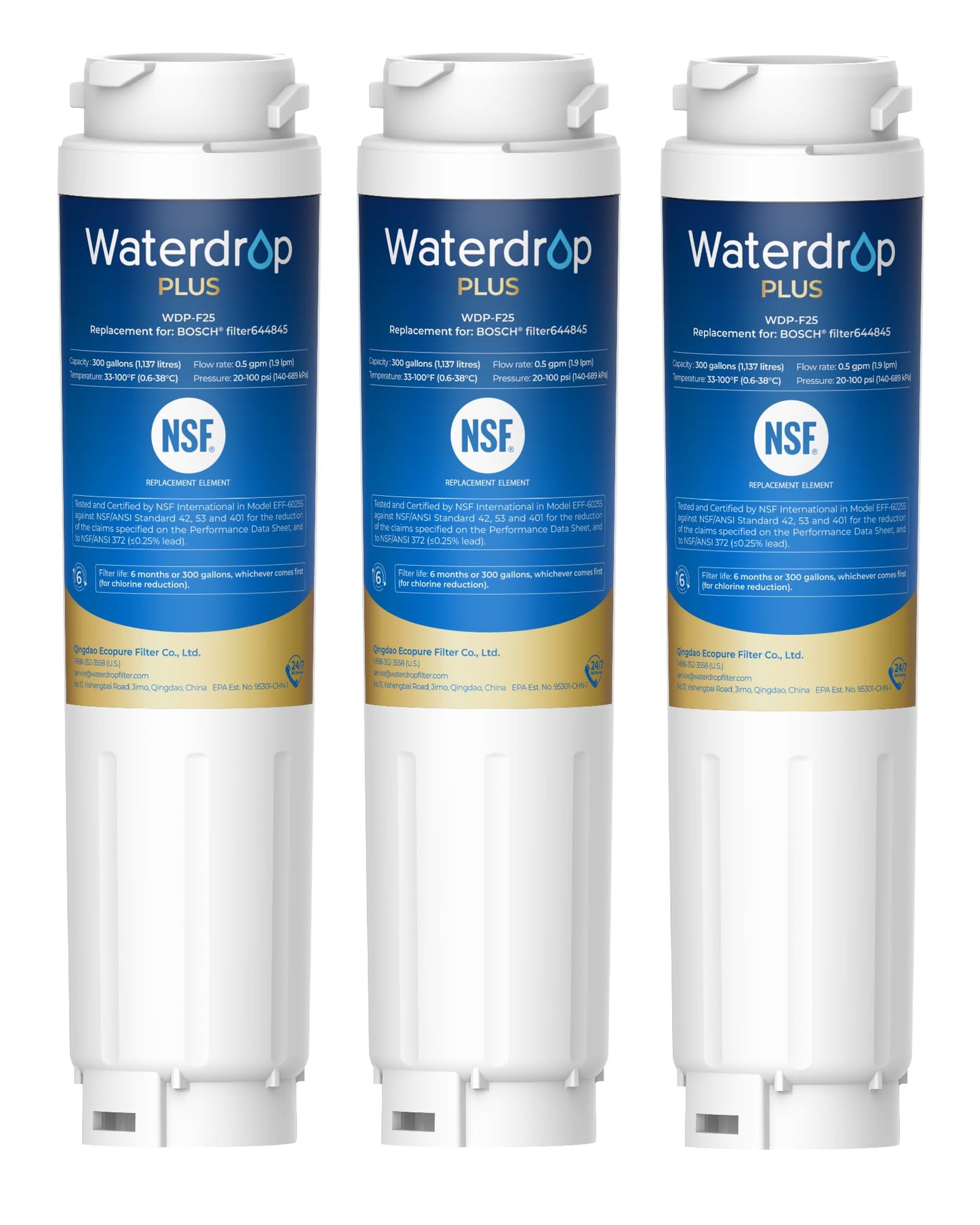 Waterdrop Plus 644845 NSF 401&53&42 Certified Refrigerator Water Filter, 𝐑𝐞𝐝𝐮𝐜𝐞 lead and 𝐏𝐅𝐀𝐒, Replacement for Bosch® 11034152, 9000077104, UltraClarity® REPLFLTR10, 3 Filters