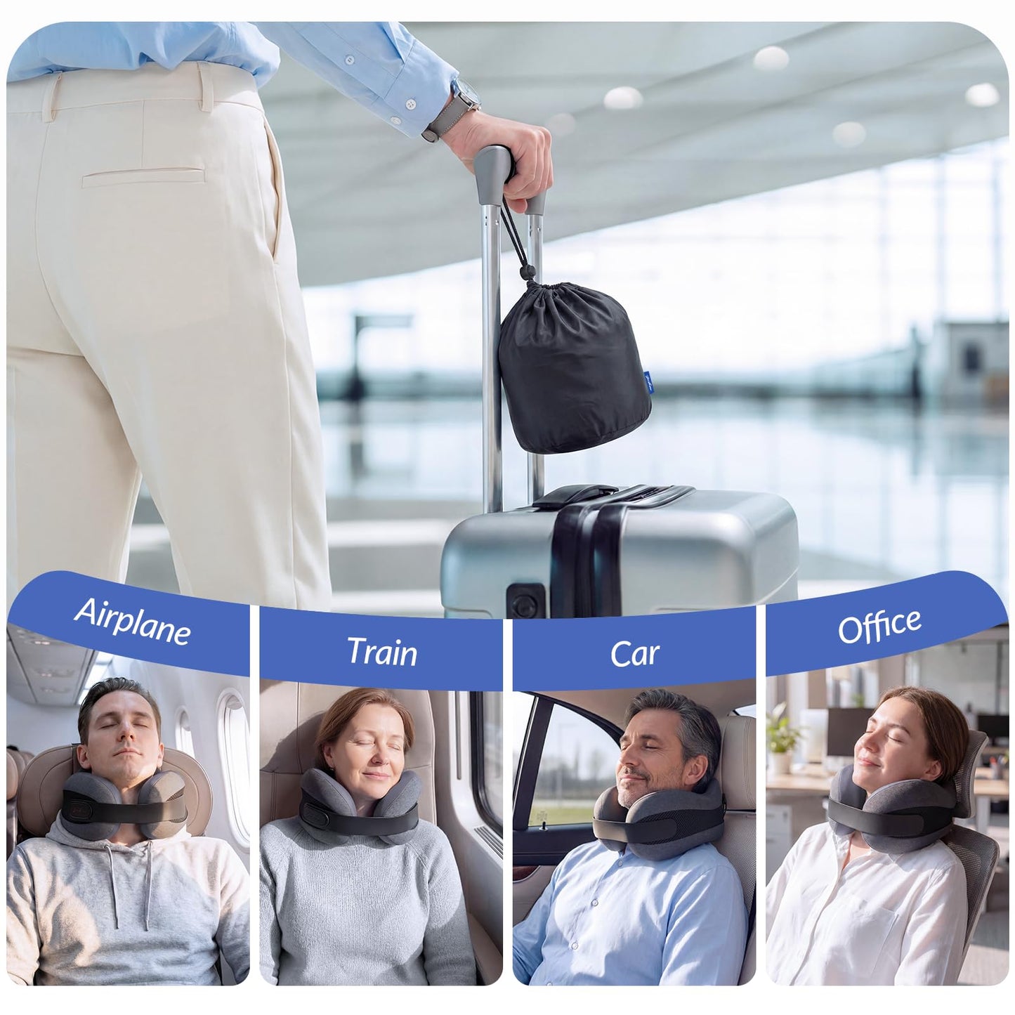 ZIKEE Dual-Layer Memory Foam Neck Pillow for Airplane, Travel Pillow with Seat Straps to Secure Head & Neck, Ergonomic Ear-Friendly Neck Pillow for Traveling with Breathable Vent Holes, Airy Cover