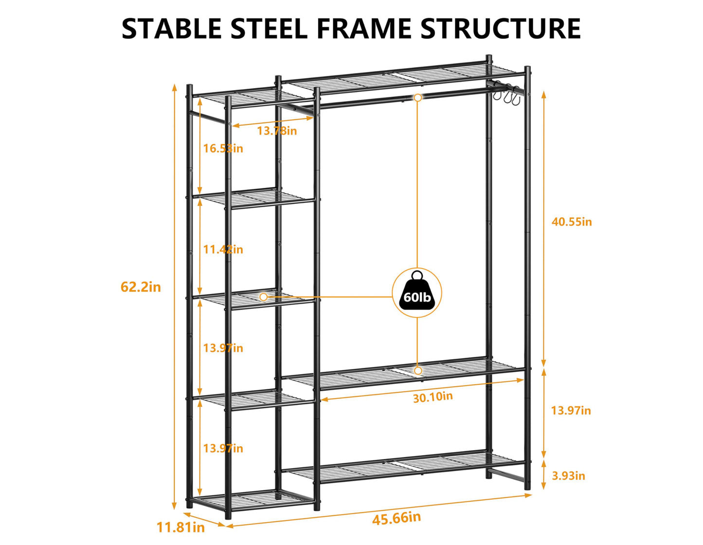 Wardrobe Closet,Portable Clothes Rack with 4 Tiers Shelves,Freestanding Closet Organizers and Storage System with Hanging Rods,Steel Clothing Rack Suitable for Cloakrooms,Bedrooms,Entrances,etc.Black