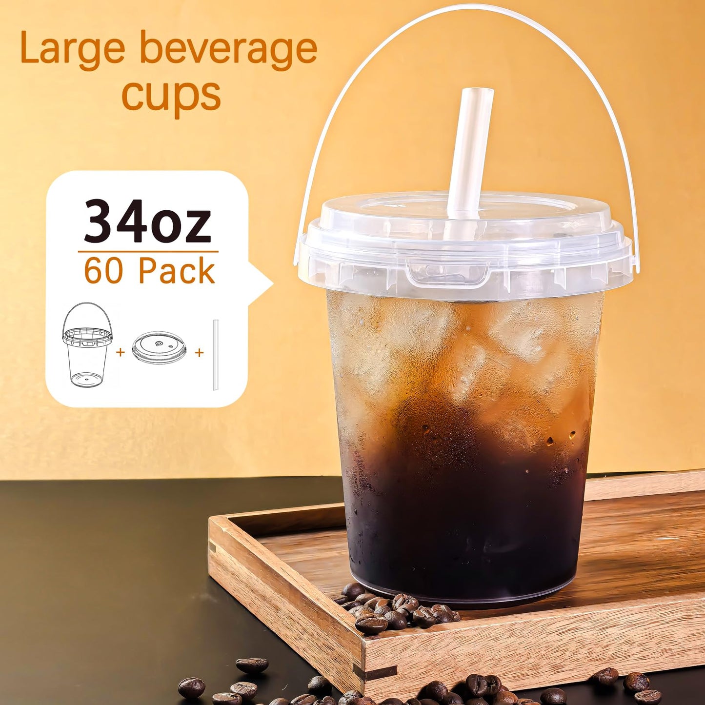 Qsqwsuye Set of 60 Large Plastic Cups with Lids and Straws 34oz Disposable Coffee Cups Clear Cups for Drinks Packs and Takebacks