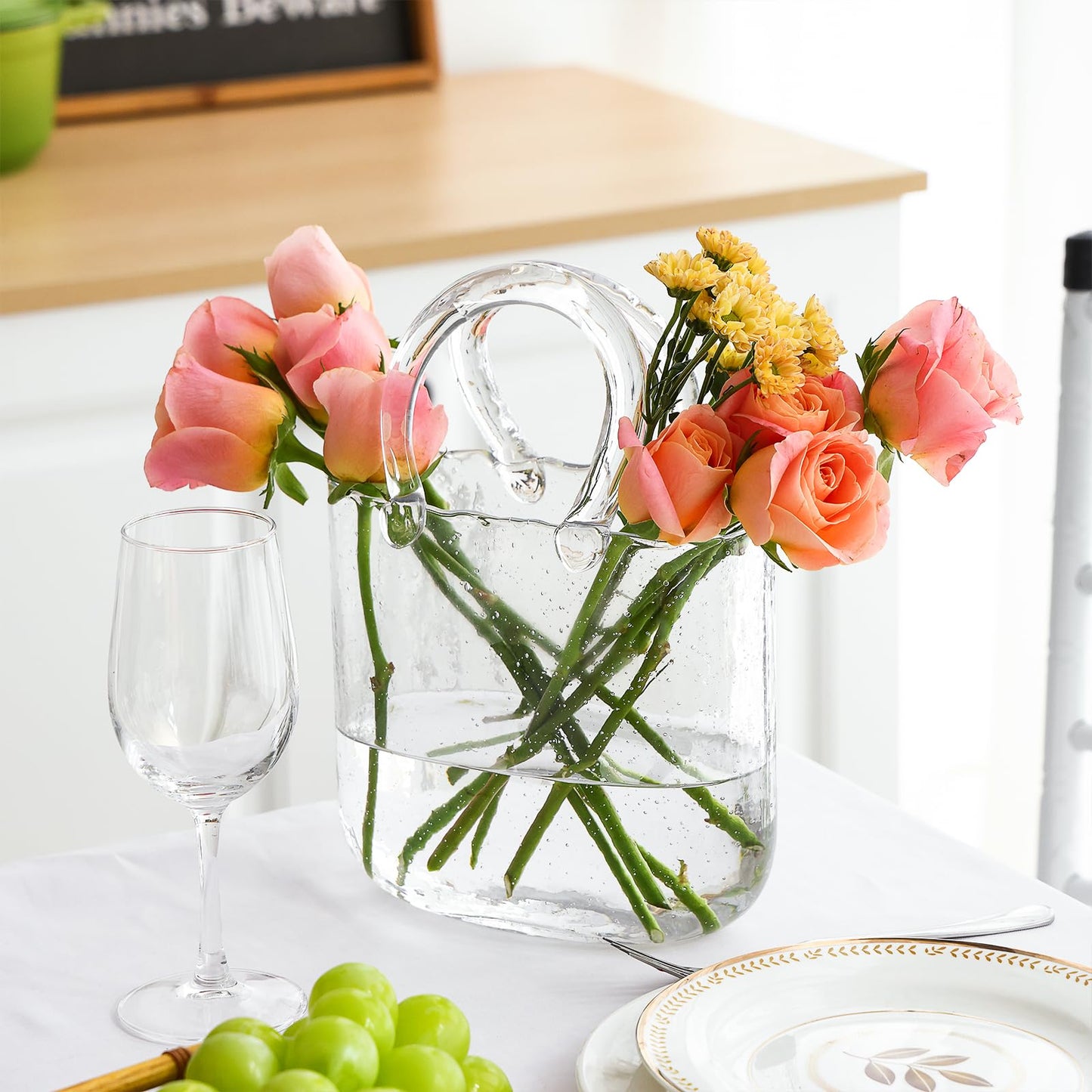 Fixwal Glass Purse Vase for Flowers, Clear Bag Vases with Handle, Unique Cute Handbag Shape Decorative Flower Vases with Fish Bowl for Centerpieces Home Table Shelf Decor Birthday
