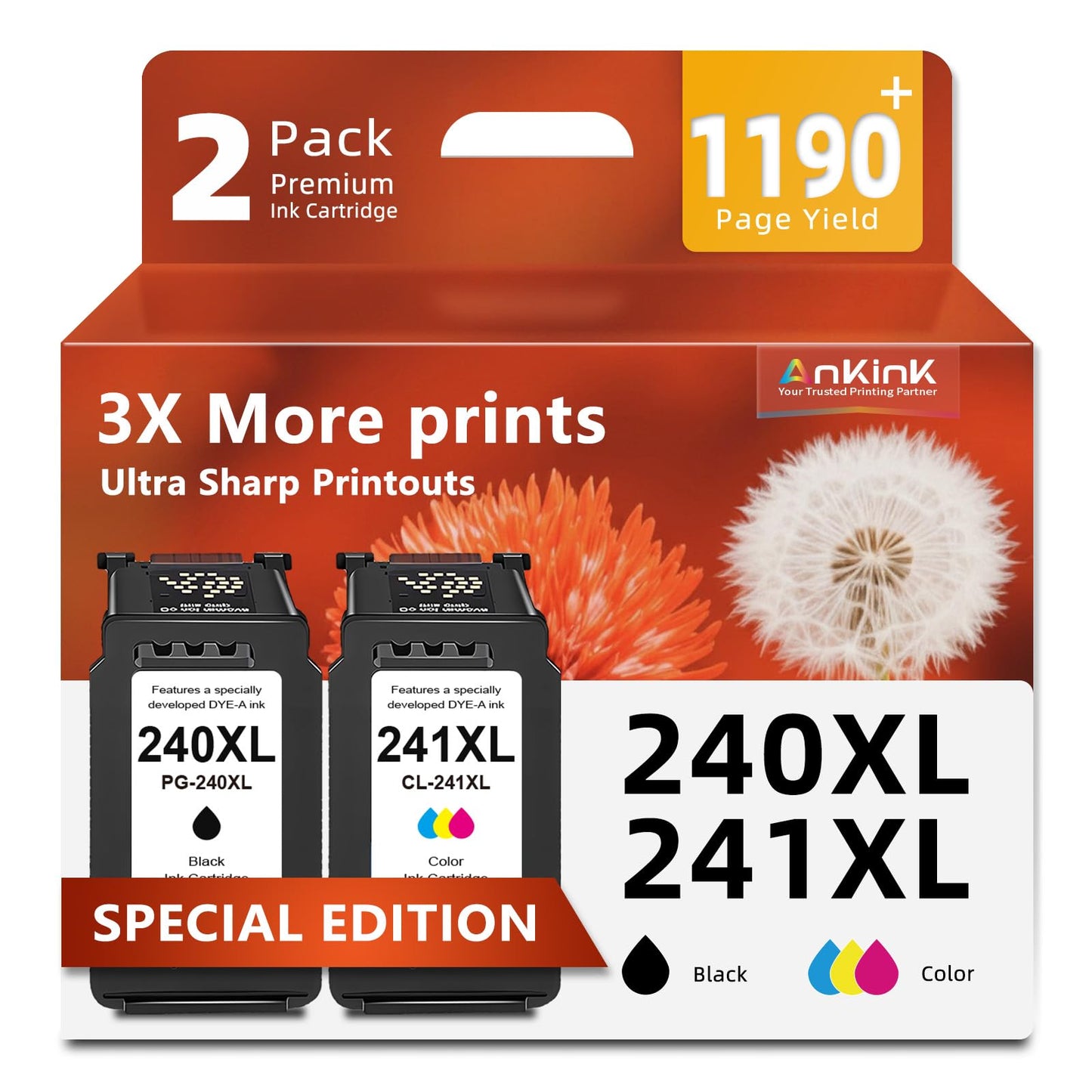 240XL 241XL Ink Cartridge Replacement for Canon Ink 240 241 PG-240 CL-241 XL Cartridges for MG3600 MG3620 TS5120 TS5100 MG3220 MG3520 MG2120 MX452 MX512 MX532 (Black Tricolor,2-Pack)