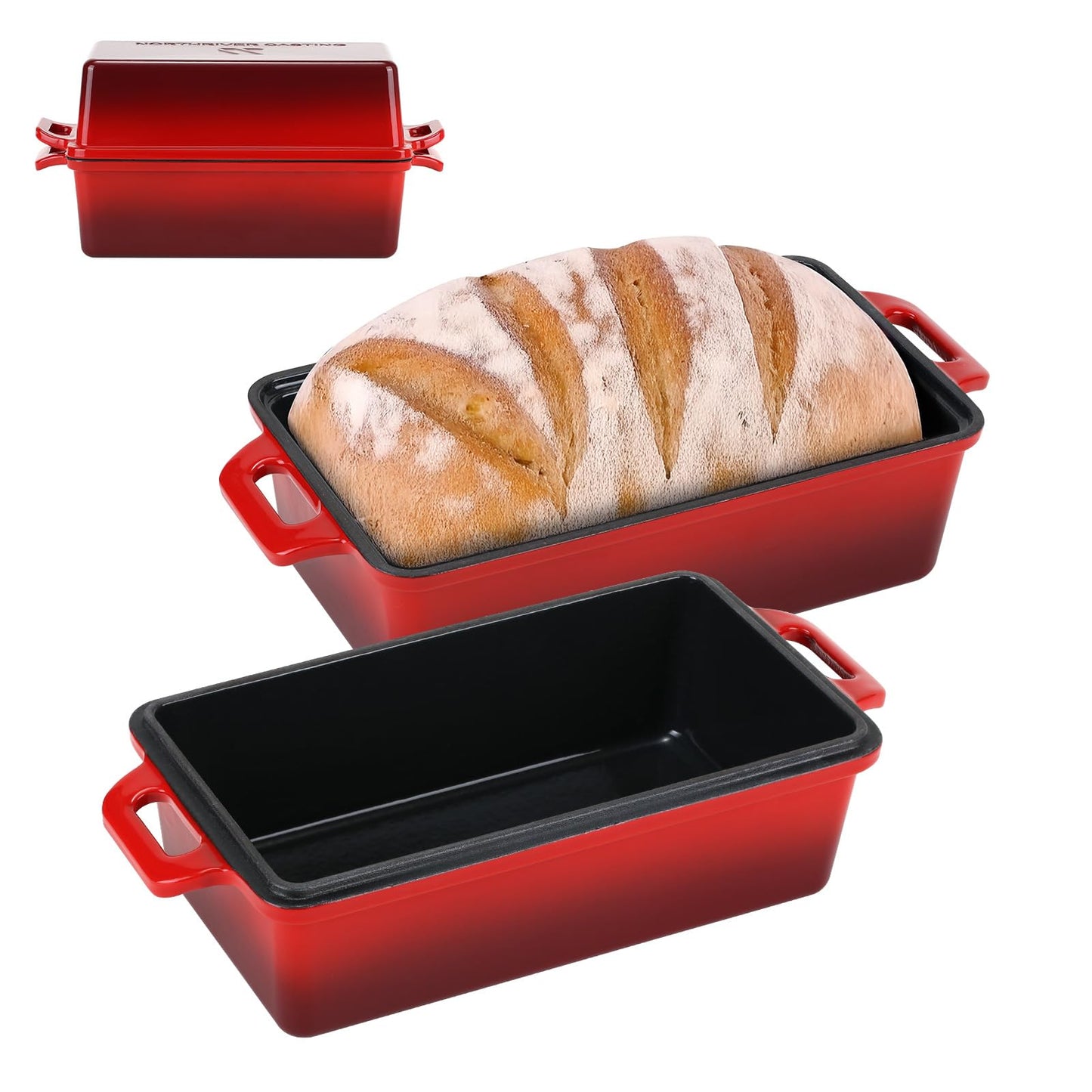 Northriver Casting 9x5 Inch Enameled Cast Iron Loaf Pan with Lid, Perfect Bread Baking Pan | Even Heat Distribution for Homemade Bread, Cake, Meatloaf，2 Piece set，Red