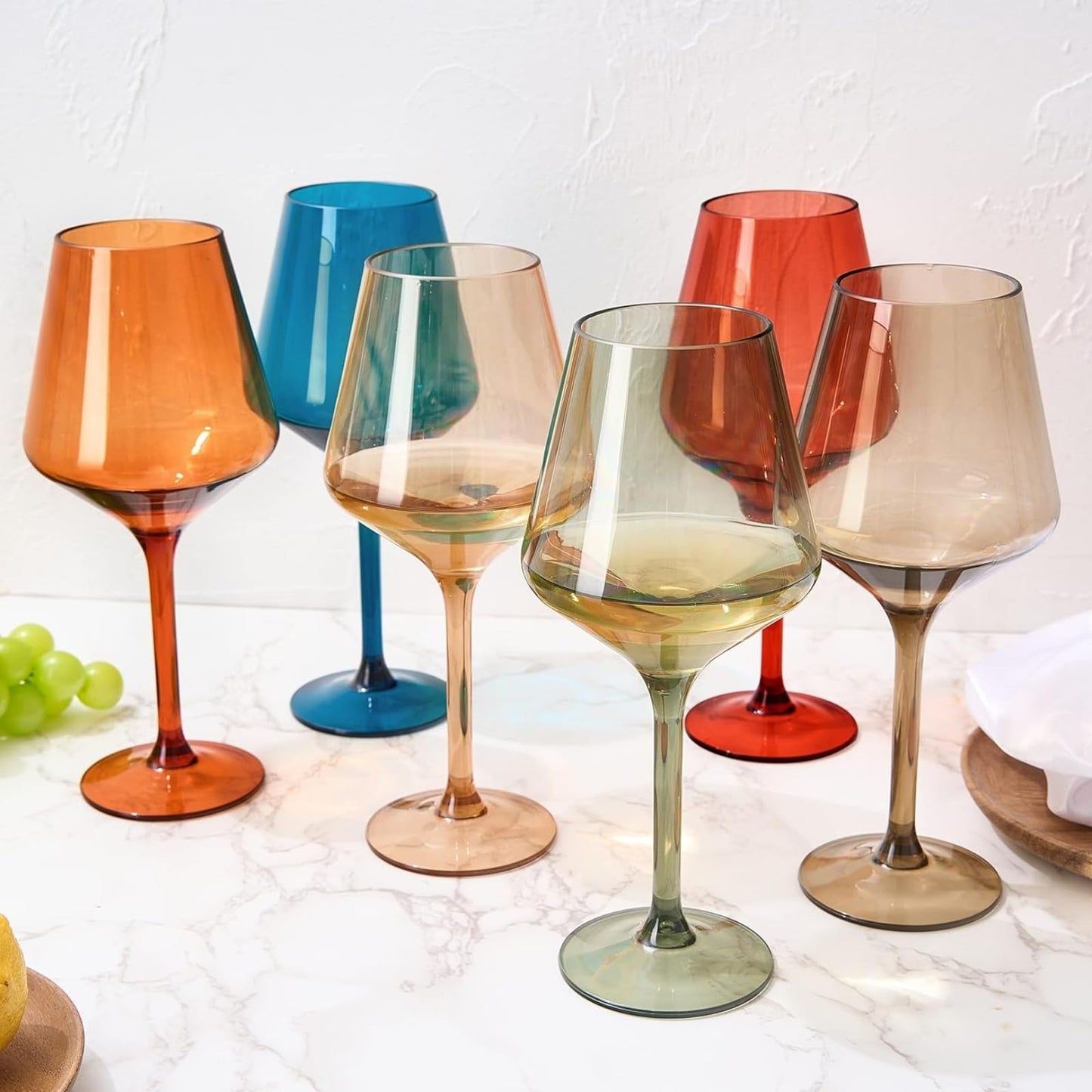 European Style Plastic Crystal, Stemmed Wine Glasses | Set of 6 | Acrylic Tritan Drinkware, Unbreakable Muted Color Shatterproof BPA-free, Reusable, Floating Pool & Indoor & Outdoor, Hand Wash 15oz
