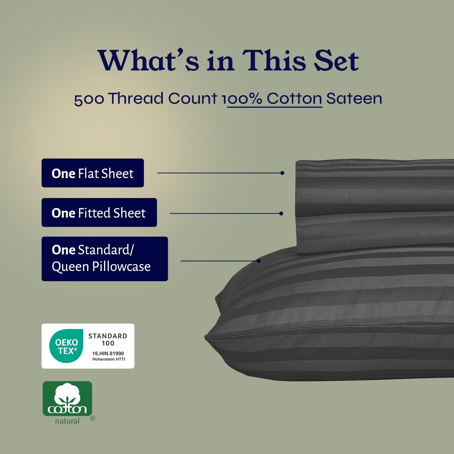 California Design Den 500-Thread-Count Twin Size Sheet Set - 100% Cotton Sateen Weave, 3 Piece Grey Bed Set, Dobby Damask Stripe Comfortable Bed Sheets, Deep Pocket Fits Mattress 15 Inches