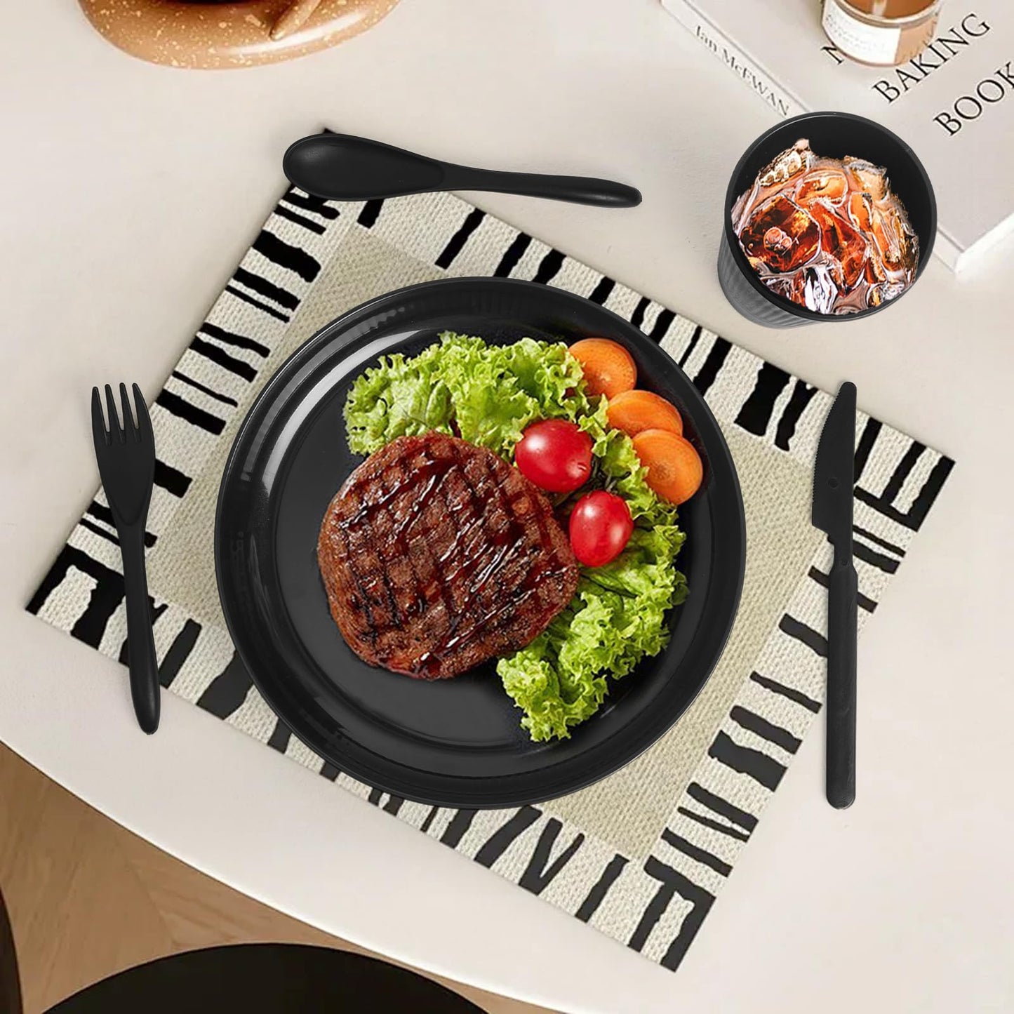 36 Pcs Wheat Straw Dinnerware Set,Dinnerware Sets for 6,Large Round Plates, Bowls and Cups, Unbreakable dish set, Dishwasher and Microwave Safe, Outdoor Camping Dishes (Black)