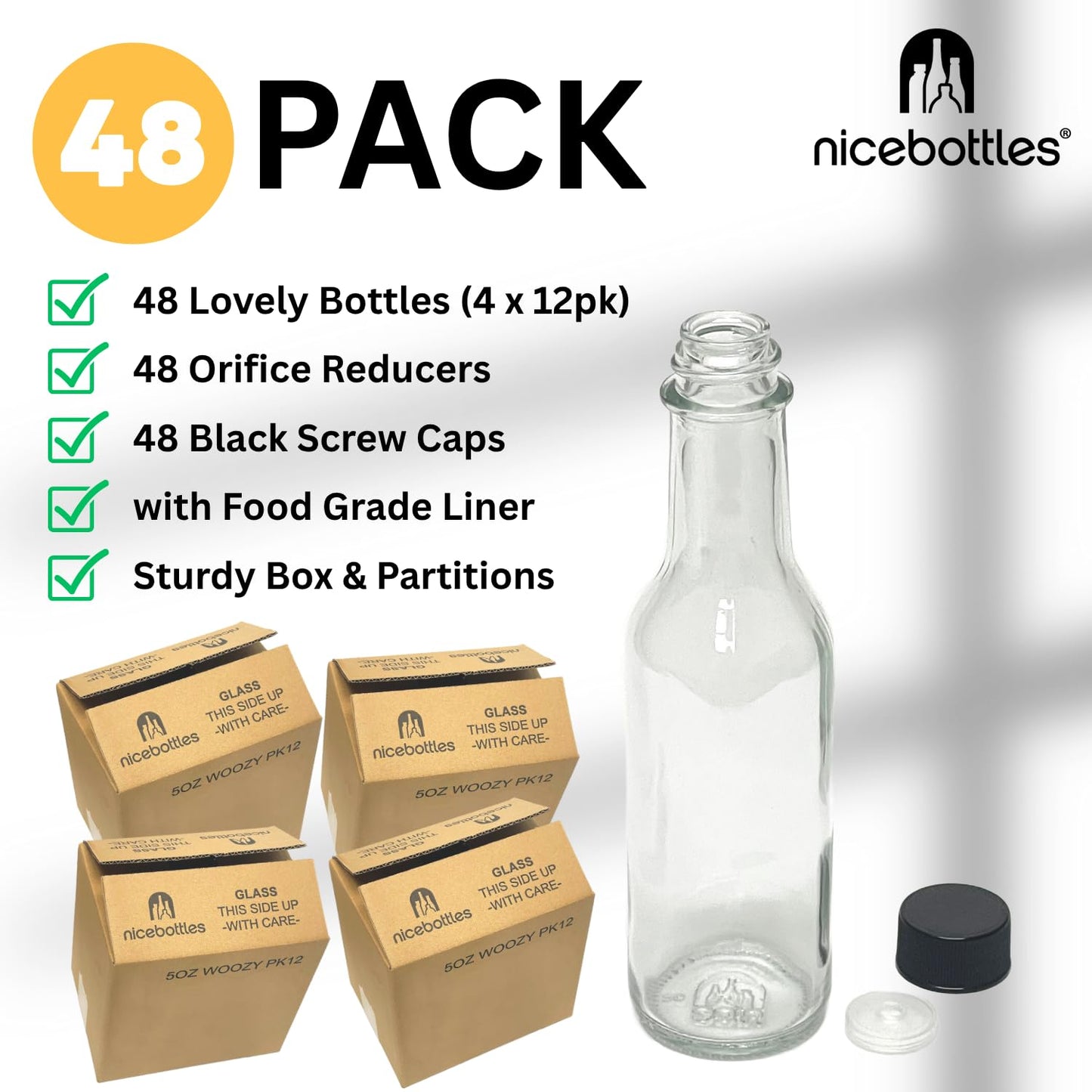 nicebottles Hot Sauce Bottles, 5 Oz - 48 Pack