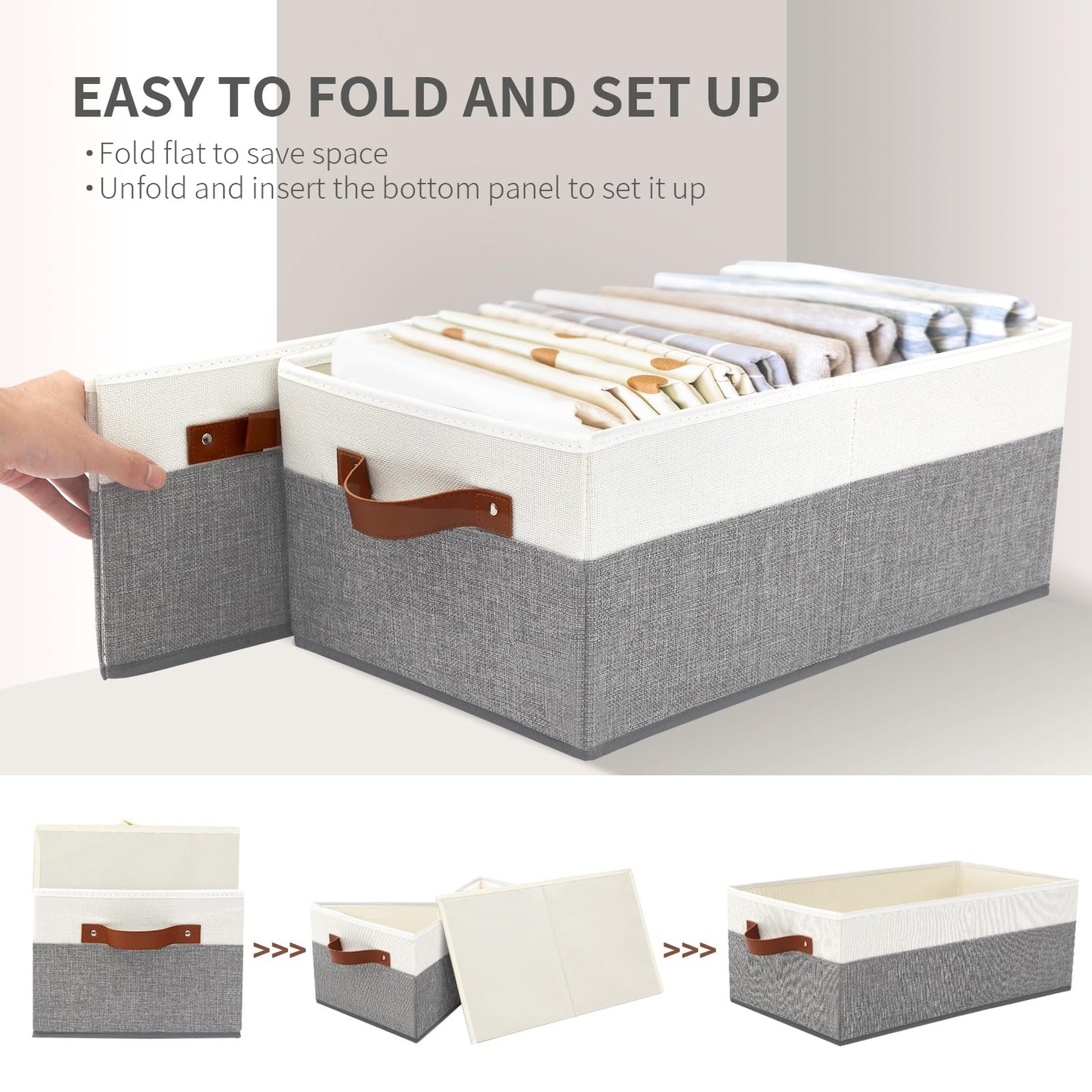 6 Pack Closet Storage Bins, Storage Baskets for Shelves, Linen Closet Organizers and Storage with Leather Handles for Clothes,Towels, Sheets, Jeans, Toys, Books (Grey and White)