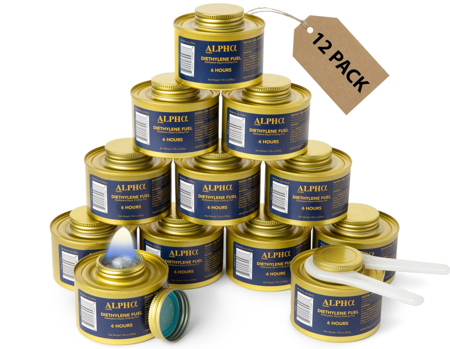 Alpha Living - Luxe Gold Edition - 6 Hour Chafing Fuel - Food Warmer for Chafing Dish Buffet Set - Liquid Safe Fuel with Wick & Lid Opener for Chafing Dish Gold Canister for Luxry Events (12 Pack)