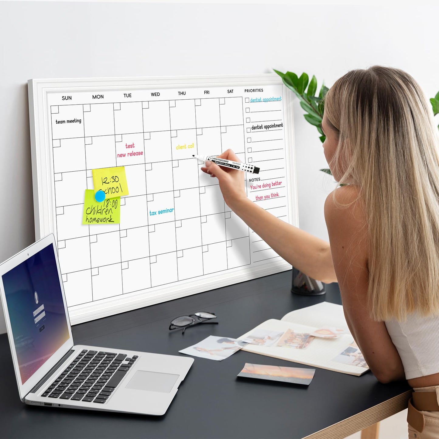 DOLLAR BOSS Magnetic White Board Calendar 36''x 24'', Monthly Dry Erase Planner for Wall with White Wood Style Frame for Office, School, Dorm, Home Decor